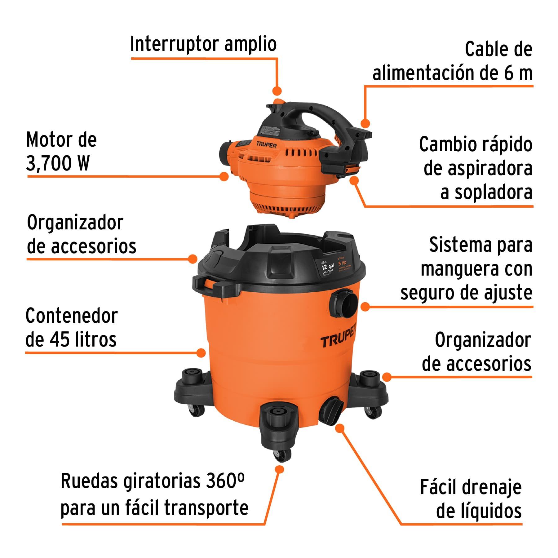 ASPIRADORA SÓLIDOS Y LÍQUIDOS, 12 GAL, SOPLADOR DESMONTABLE