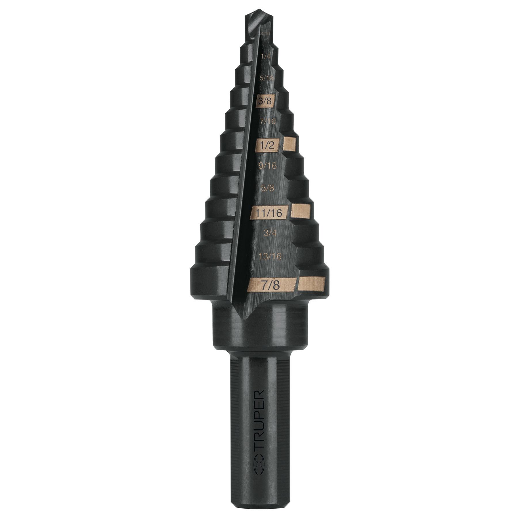 "BROCA ESCALONADA ÓXIDO NEGRO 12ESCALONES 3/16"" A 7/8"",TRUPER"