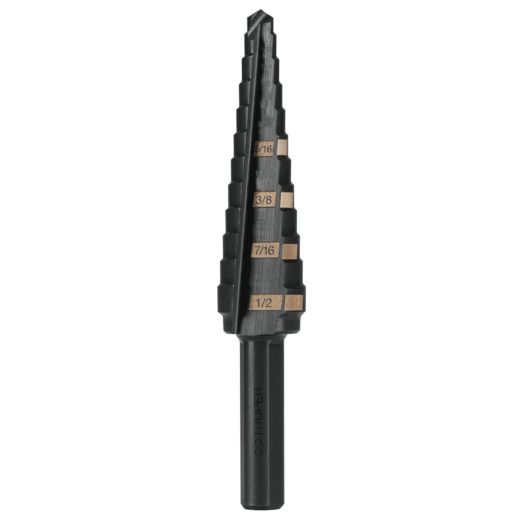 "BROCA ESCALONADA ÓXIDO NEGRO 13 ESCALONES 1/8"" A 1/2"",TRUPER"
