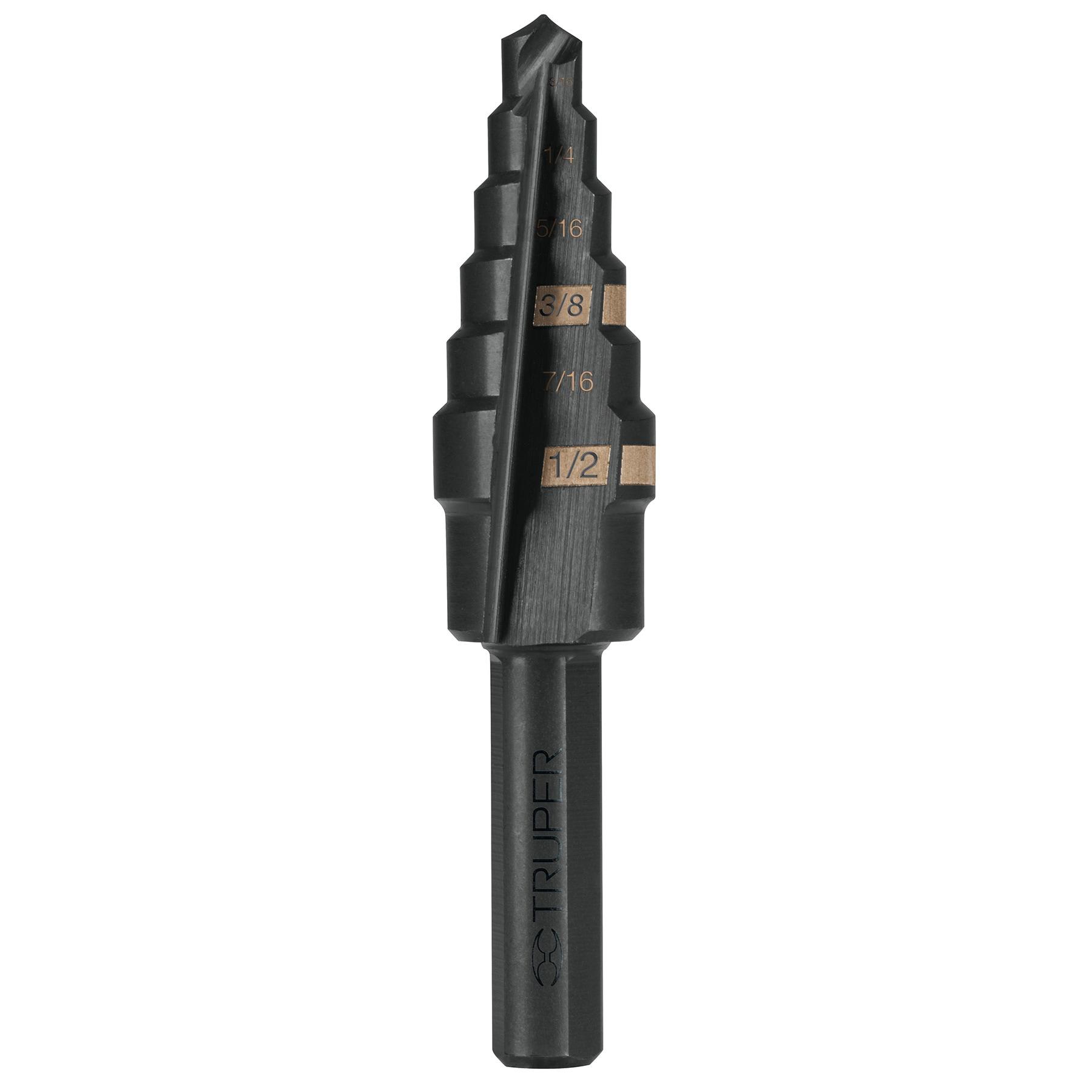 "BROCA ESCALONADA ÓXIDO NEGRO 6 ESCALONES 3/16"" A 1/2"",TRUPER"