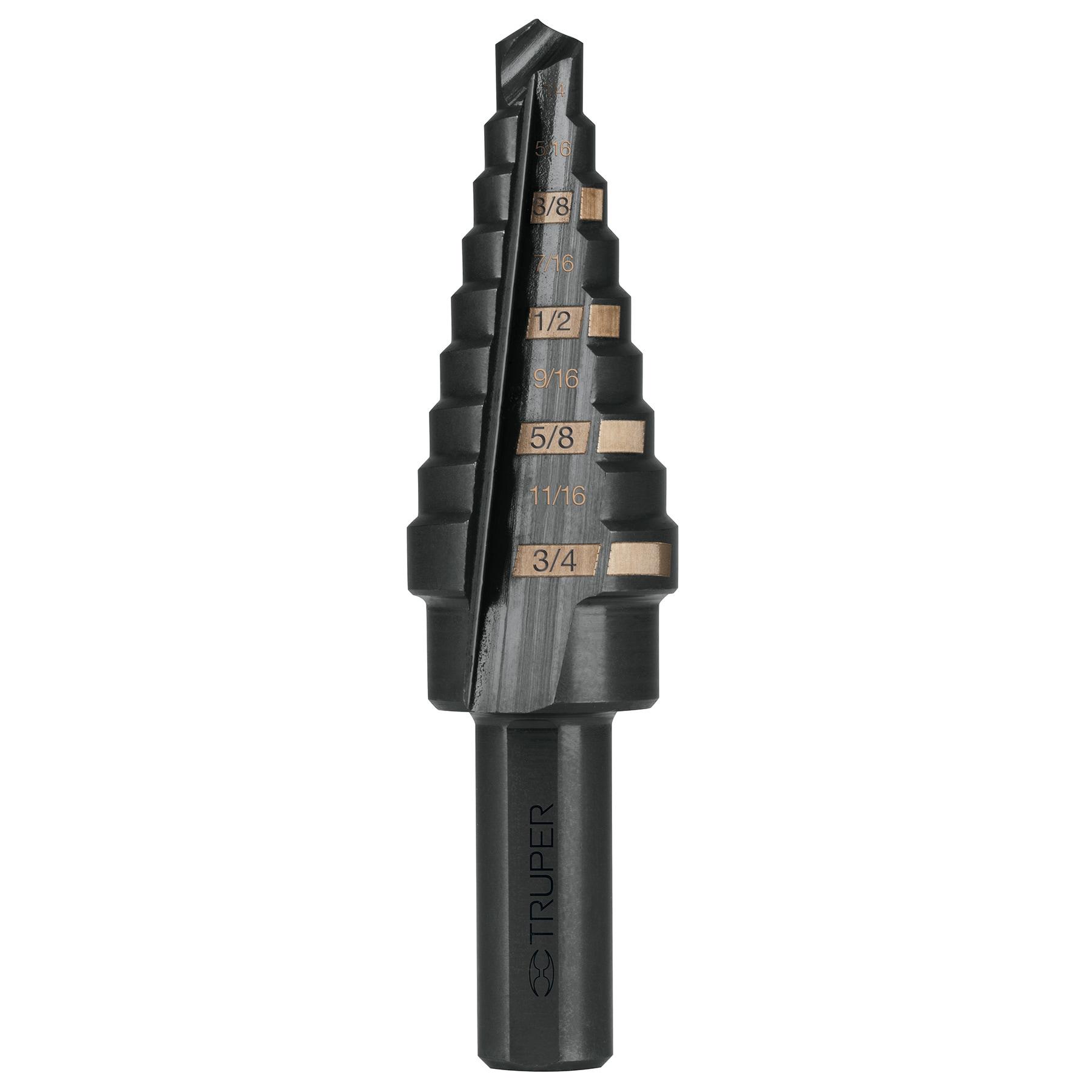 "BROCA ESCALONADA ÓXIDO NEGRO 9 ESCALONES 1/4"" A 3/4"", TRUPER"