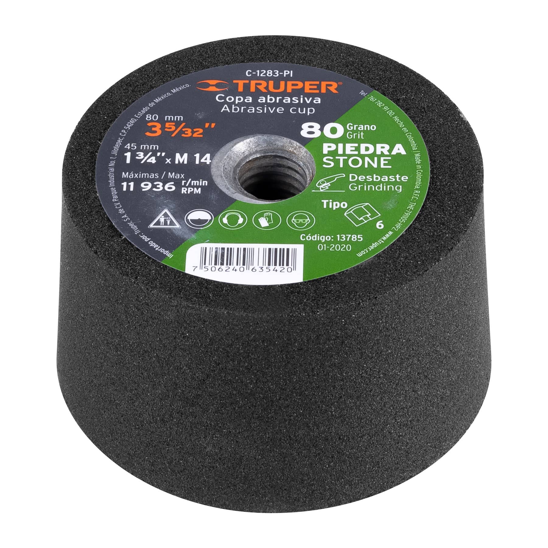 COPA DESBASTE DE PIEDRA 3-5/32' GRANO 80, EJE M14, TRUPER