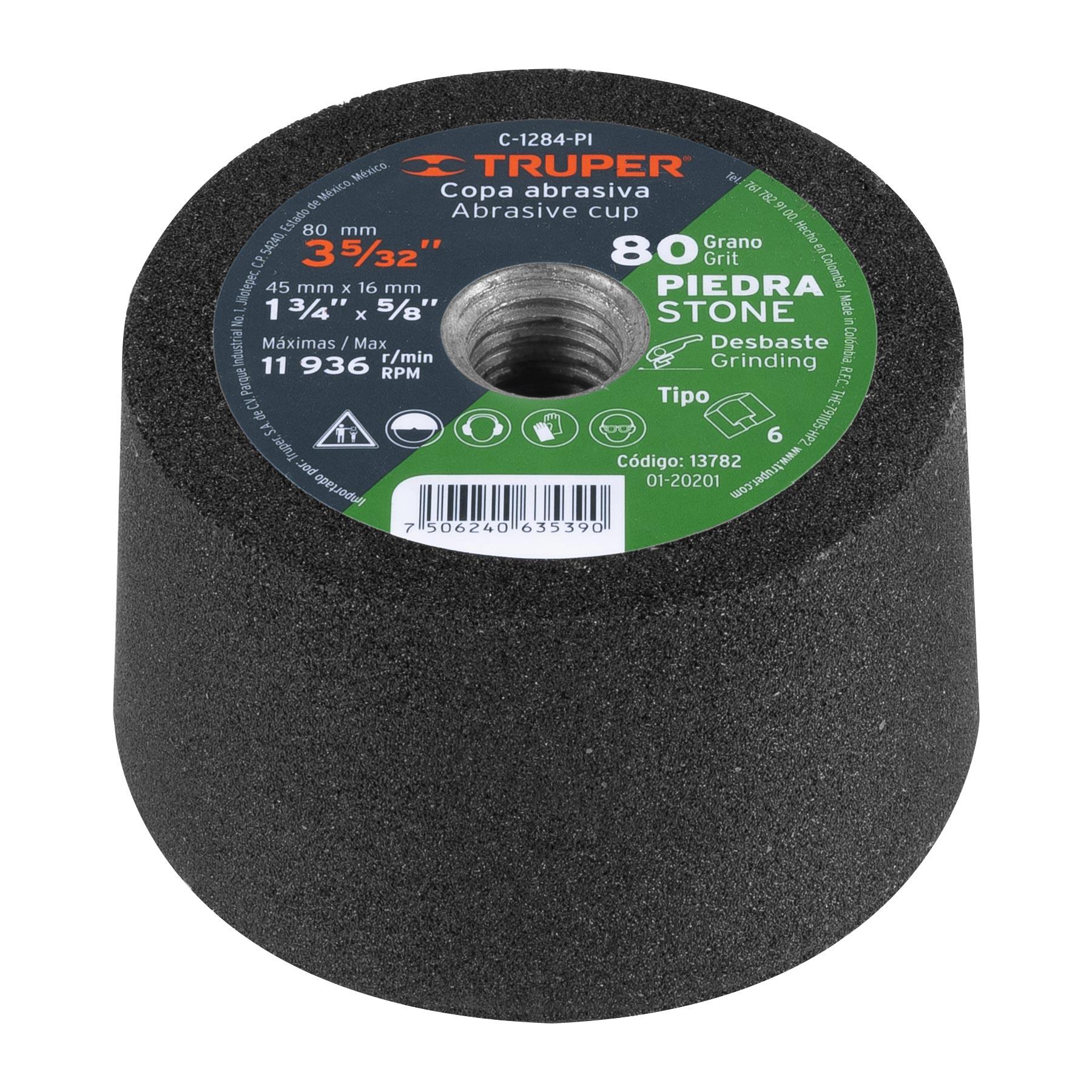 "COPA DESBASTE DE PIEDRA 3-5/32"" GRANO 80, EJE 5/8-11, TRUPER"