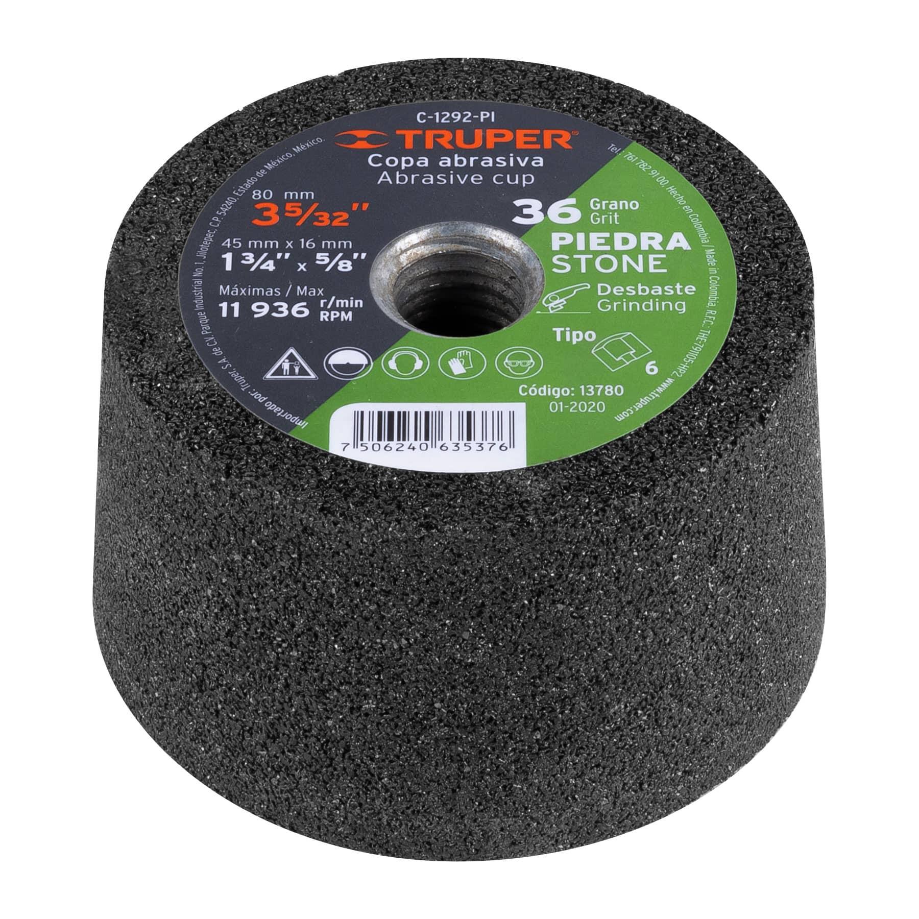 "COPA DESBASTE DE PIEDRA 3-5/32"" GRANO 36, EJE 5/8-11, TRUPER"