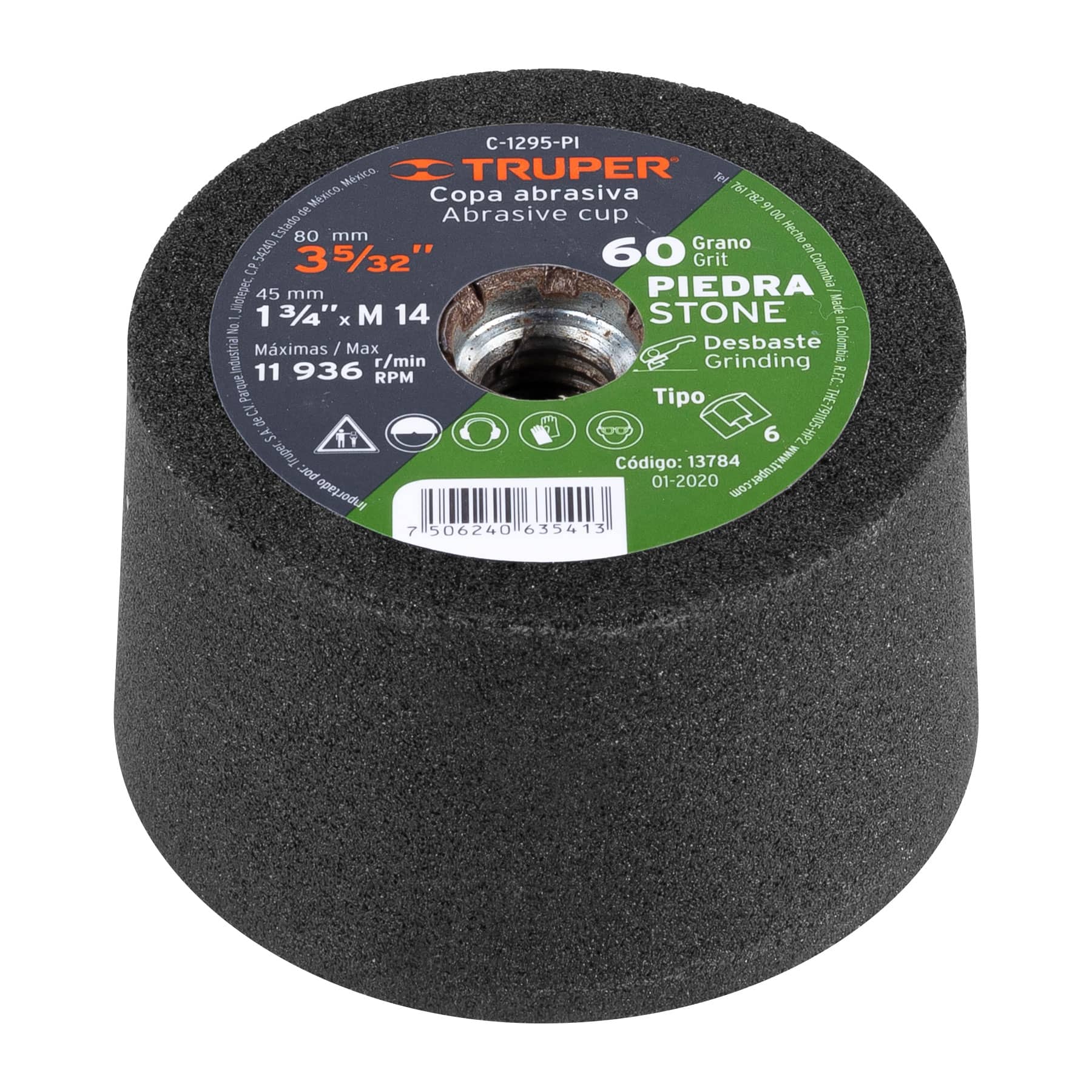 COPA DESBASTE DE PIEDRA 3-5/32' GRANO 60, EJE M14, TRUPER