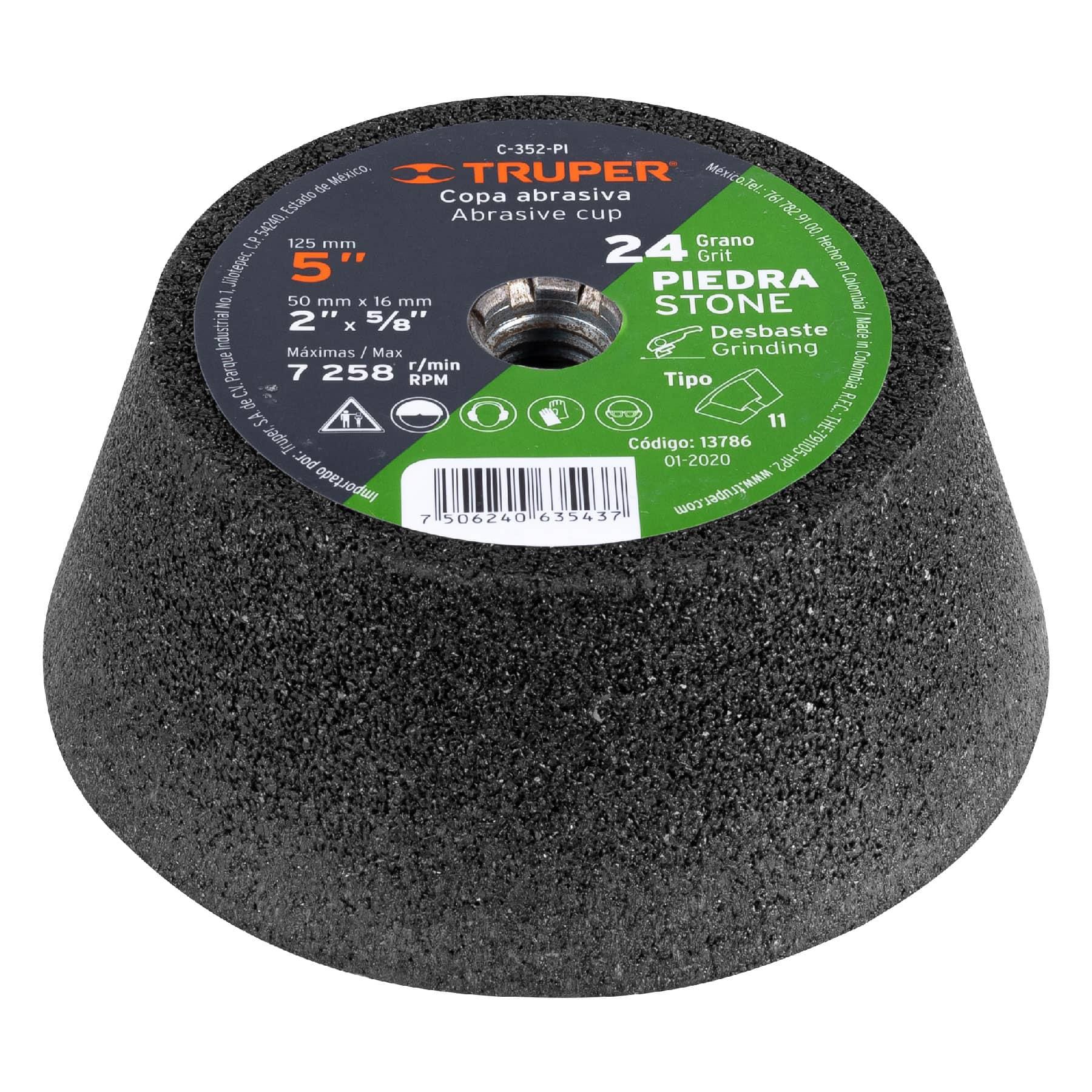 "COPA DESBASTE DE PIEDRA 5"" GRANO 24, EJE 5/8-11, TRUPER"
