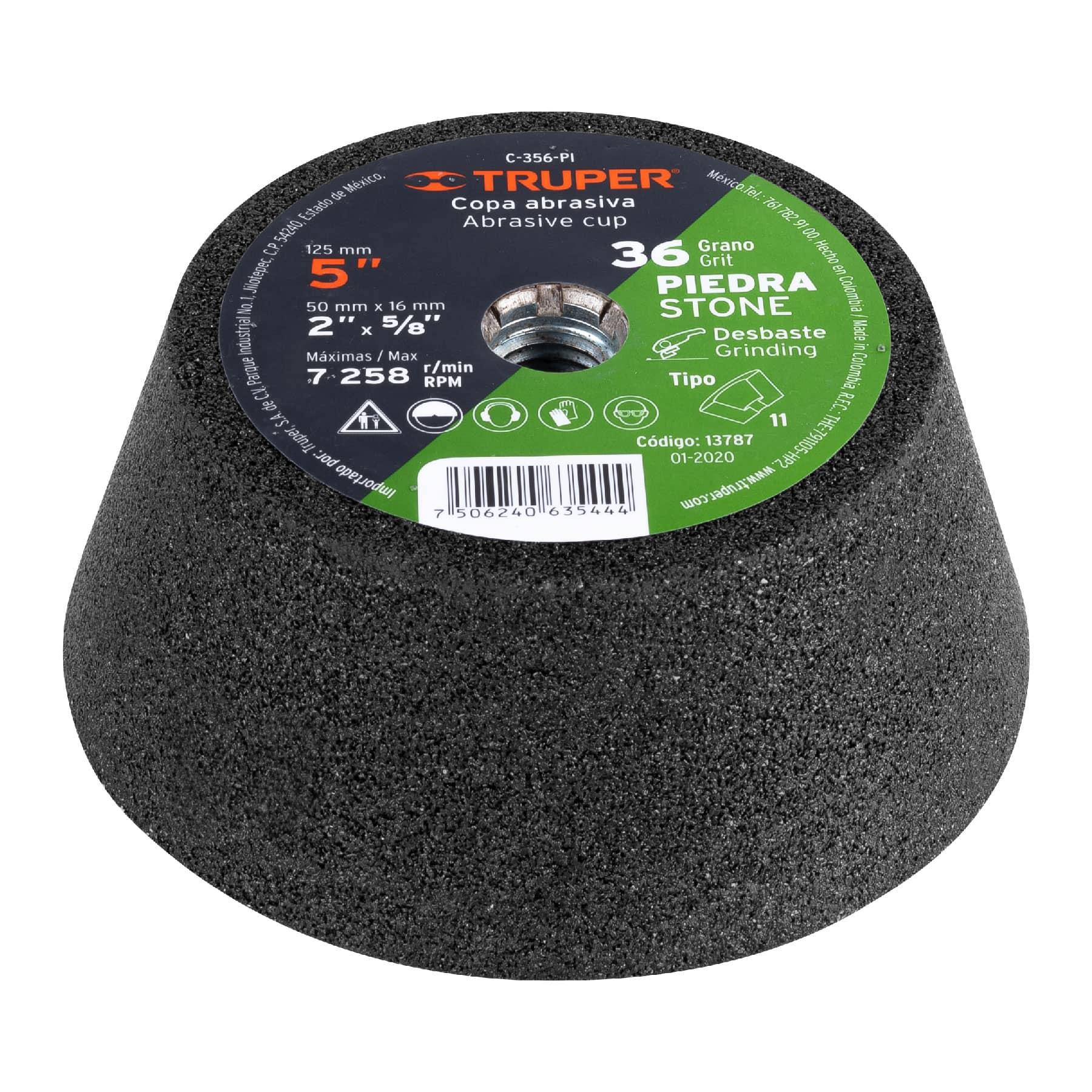 "COPA DESBASTE DE PIEDRA 5"" GRANO 36, EJE 5/8-11, TRUPER"