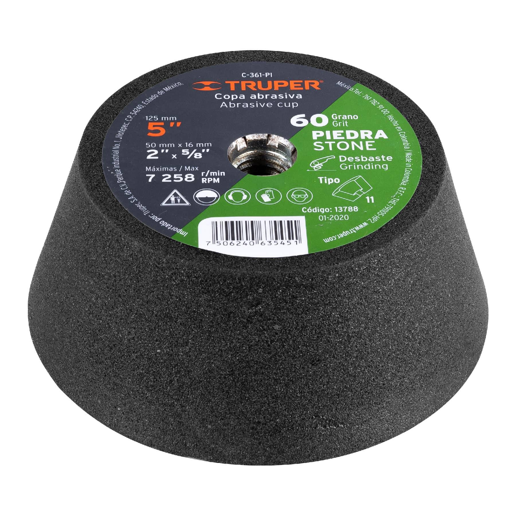 "COPA DESBASTE DE PIEDRA 5"" GRANO 60, EJE 5/8-11, TRUPER"