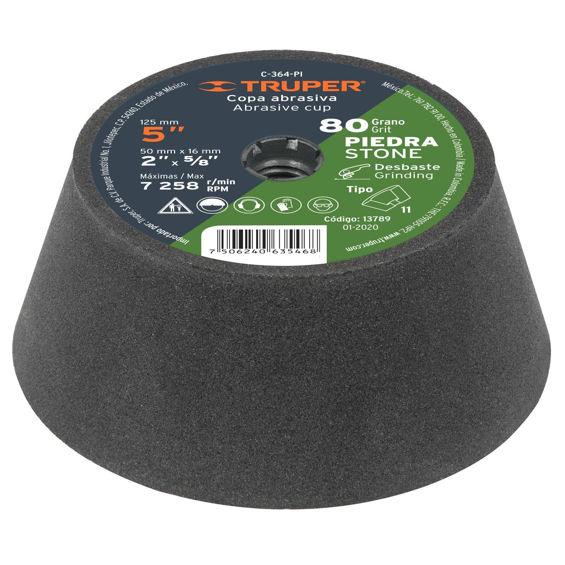 "COPA DESBASTE DE PIEDRA 5"" GRANO 80, EJE 5/8-11, TRUPER"