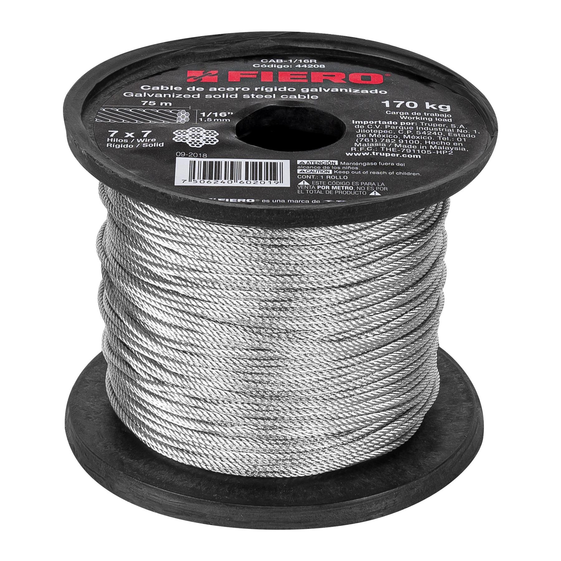 "METRO DE CABLE RÍGIDO 1/16"" DE ACERO 7X7 HILOS, 75 M, FIERO"