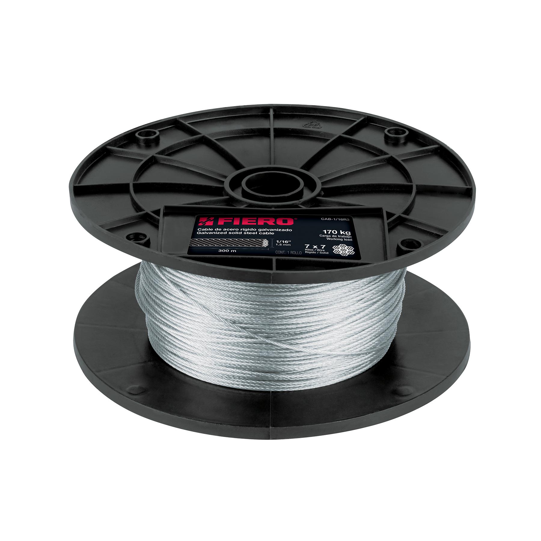 "METRO DE CABLE RÍGIDO 1/16"" DE ACERO 7X7 HILOS, 300 M, FIERO"