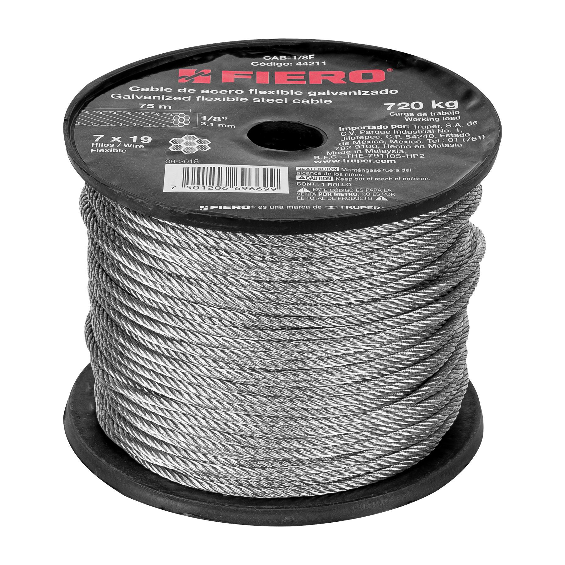 "METRO DE CABLE FLEXIBLE 1/8"" DE ACERO 7X19 HILOS, 75 M"