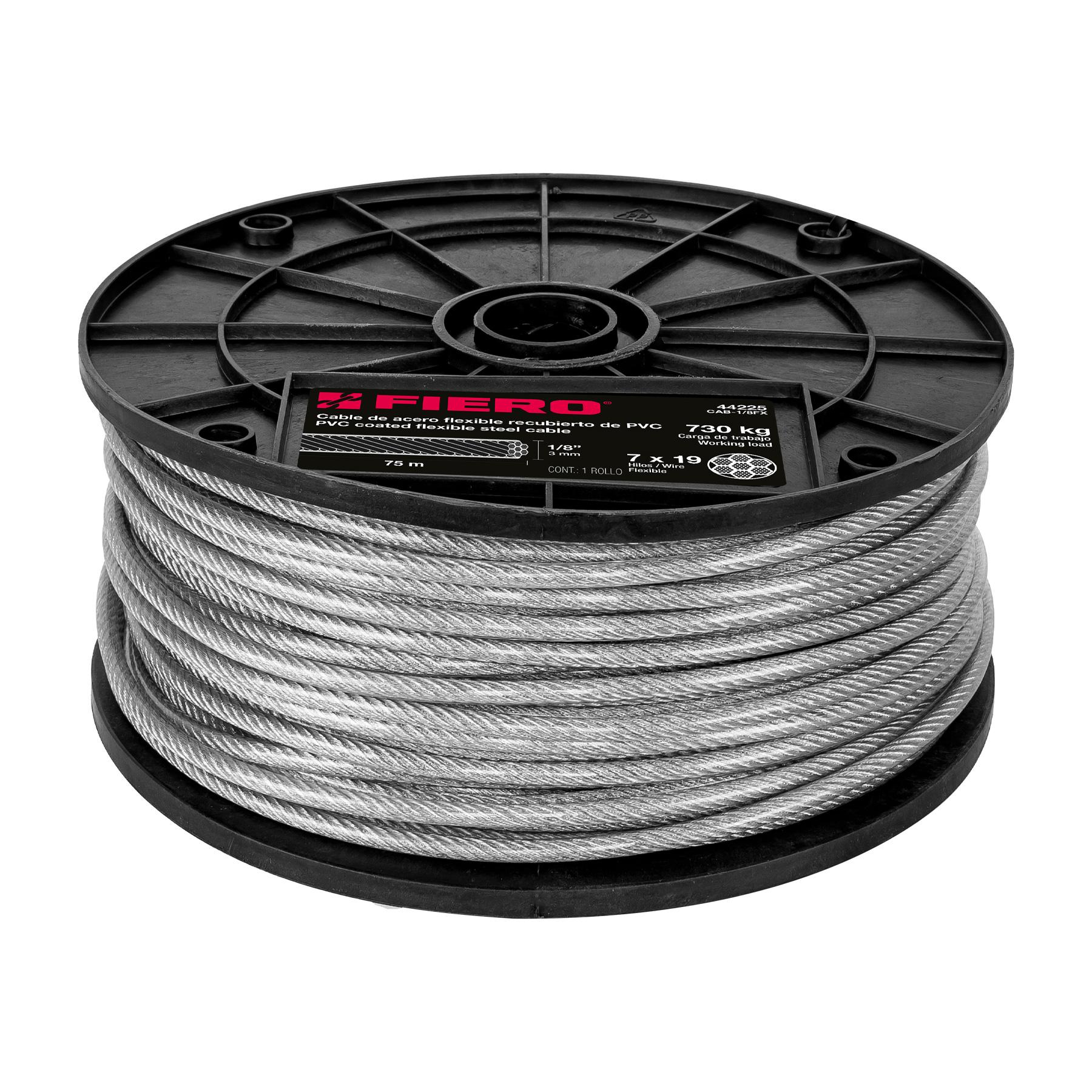 "METRO CABLE FLEXIBLE 1/8"" ACERO 7X19 RECUBIERTO PVC, 75 M"