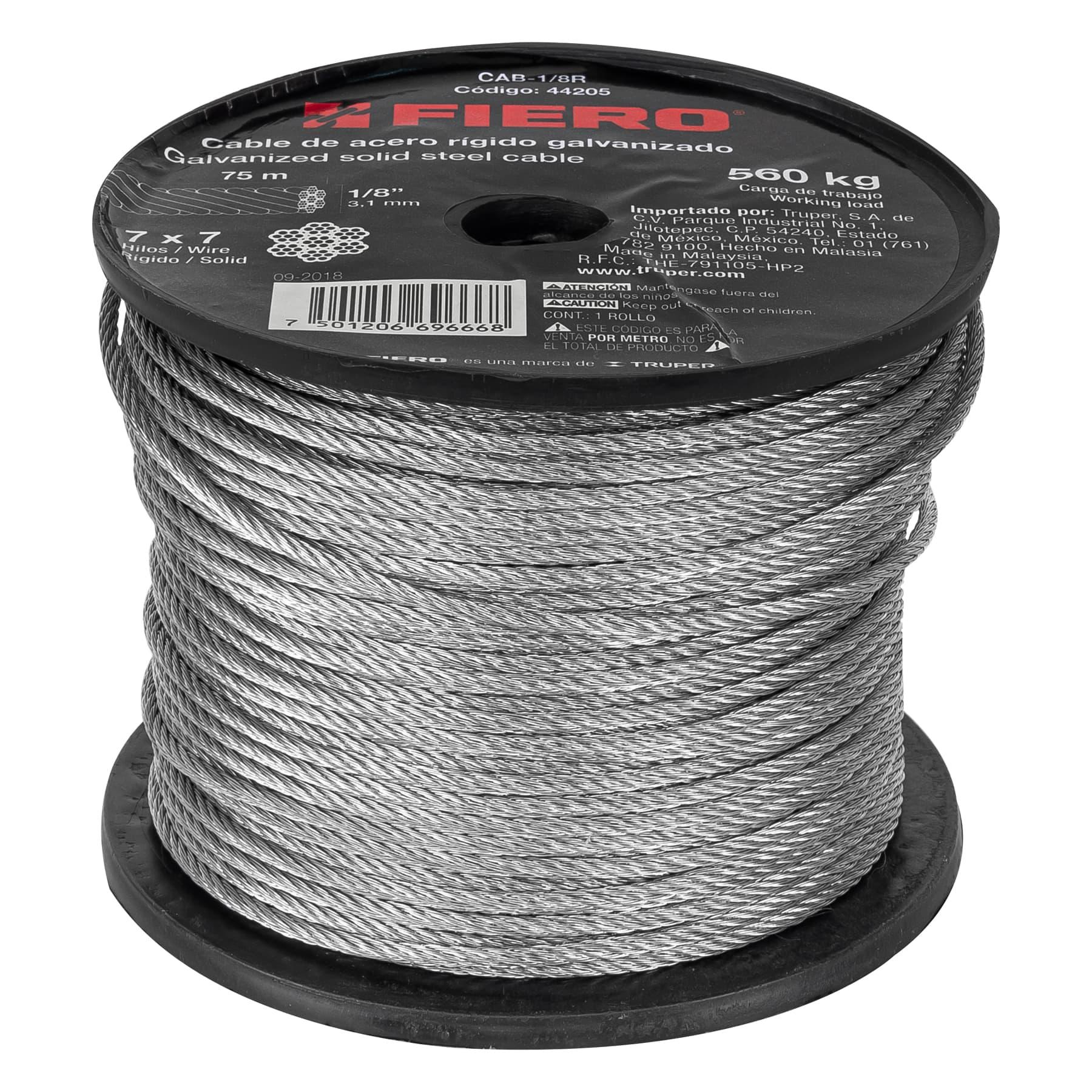 "METRO DE CABLE RÍGIDO 1/8"" DE ACERO 7X7 HILOS, 75 M, FIERO"