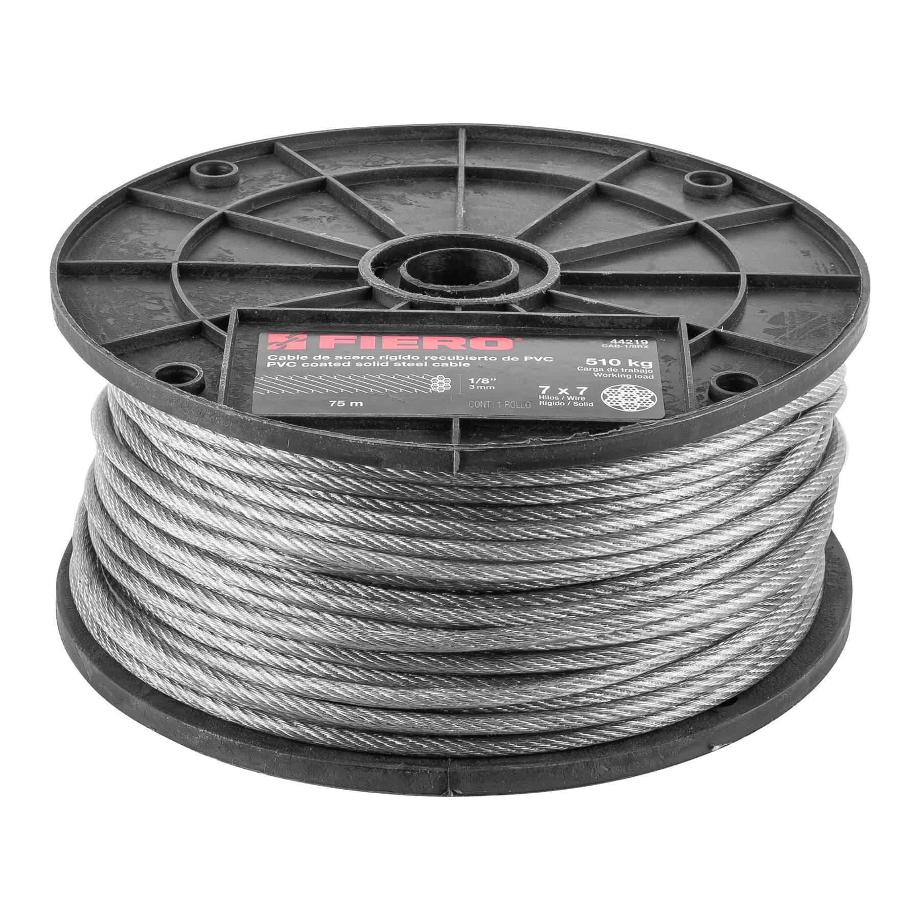 "METRO DE CABLE RÍGIDO 1/8"" ACERO 7X7 RECUBIERTO PVC, 75 M"