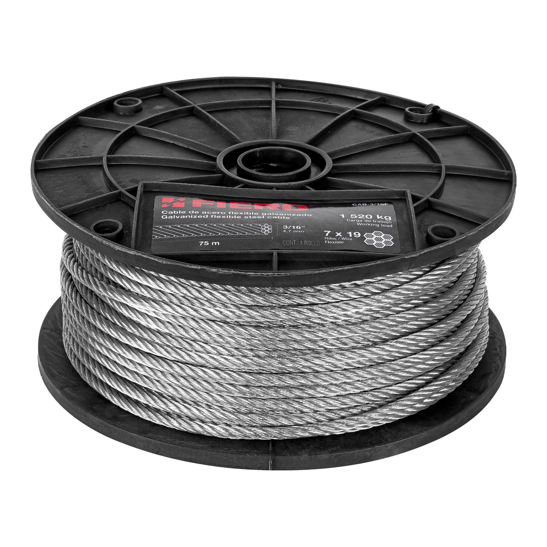 "METRO DE CABLE FLEXIBLE 3/16"" DE ACERO 7X19 HILOS, 75 M"