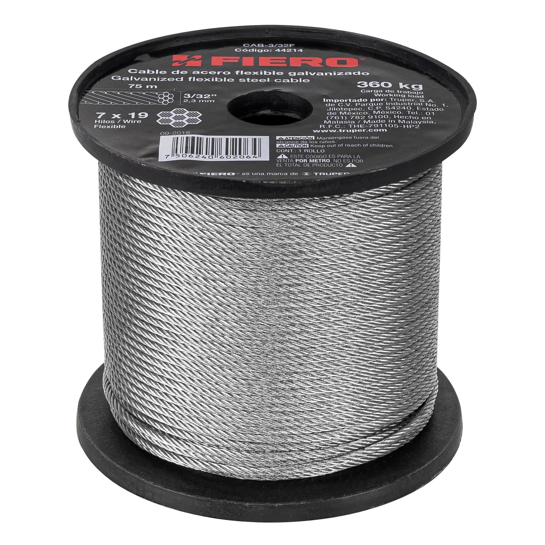 "METRO DE CABLE FLEXIBLE 3/32"" DE ACERO 7X19 HILOS, 75 M"