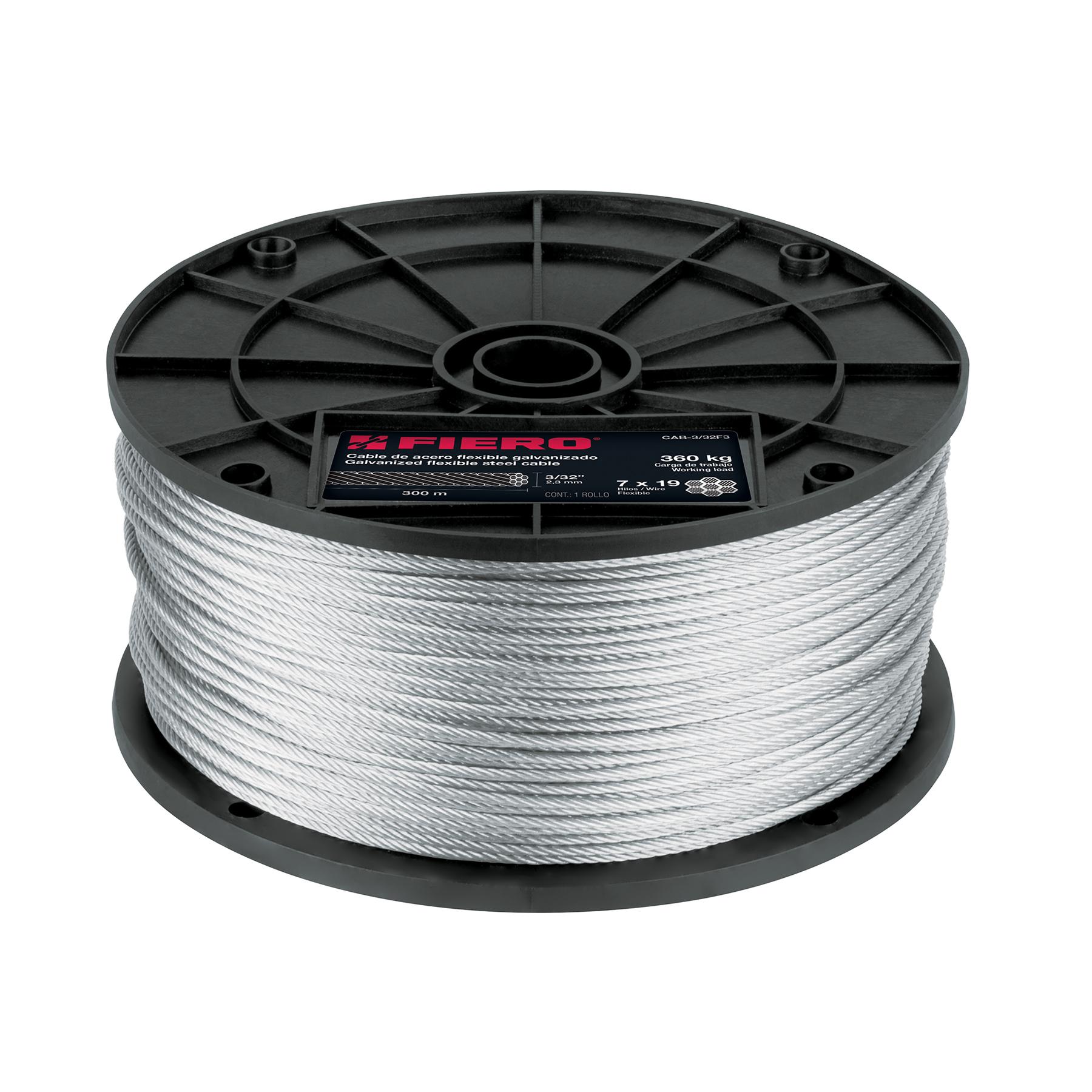 "METRO DE CABLE FLEXIBLE 3/32"" DE ACERO 7X19 HILOS, 300 M"