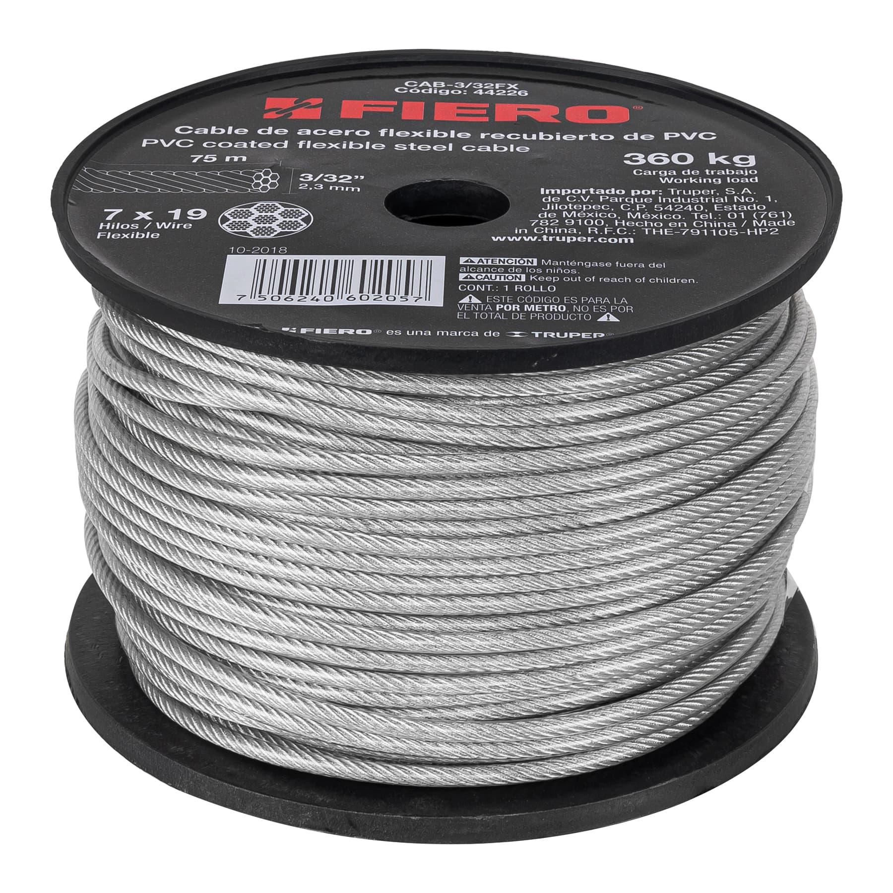 "METRO CABLE FLEXIBLE 3/32"" ACERO 7X19 RECUBIERTO PVC, 75 M"