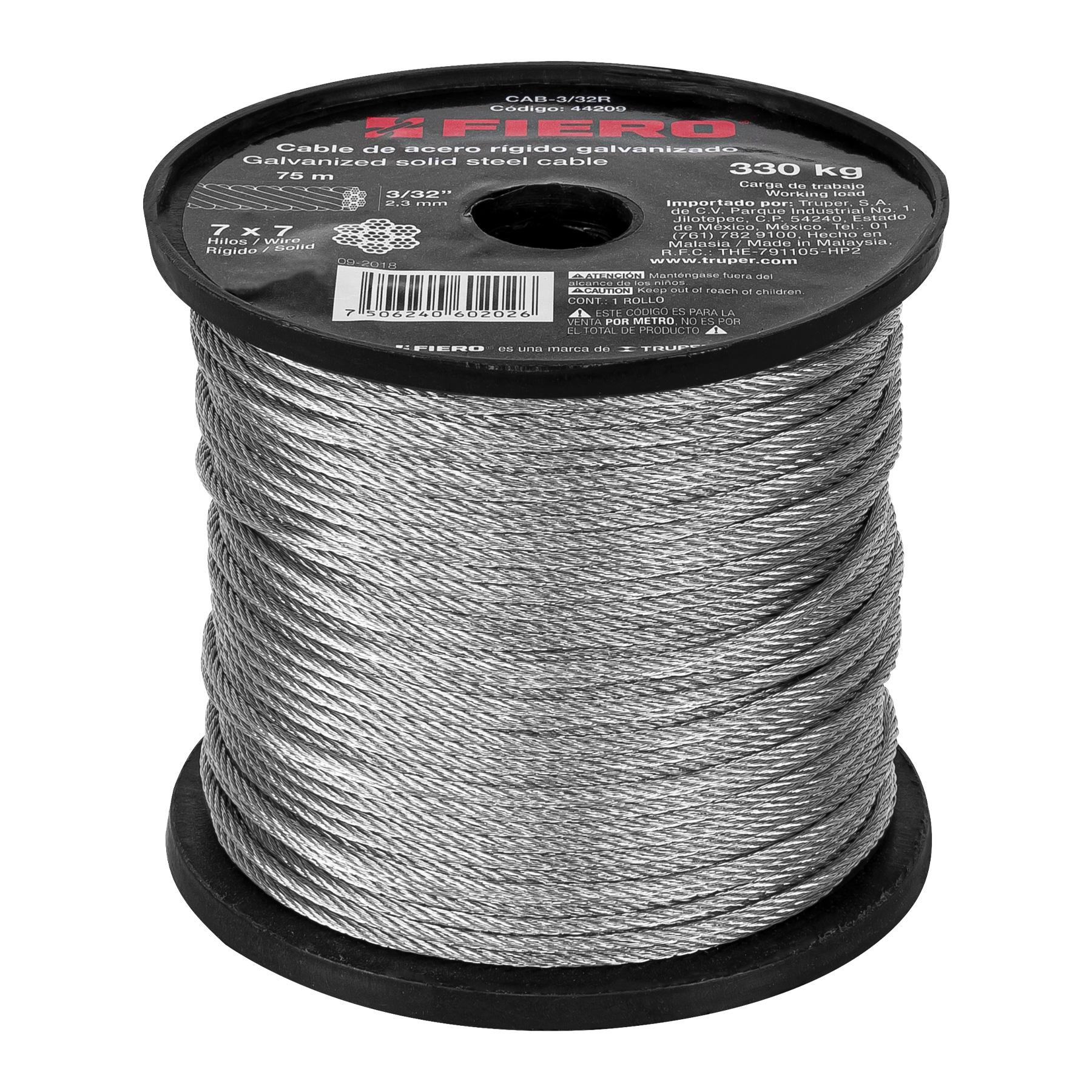 "METRO DE CABLE RÍGIDO 3/32"" DE ACERO 7X7 HILOS, 75 M, FIERO"