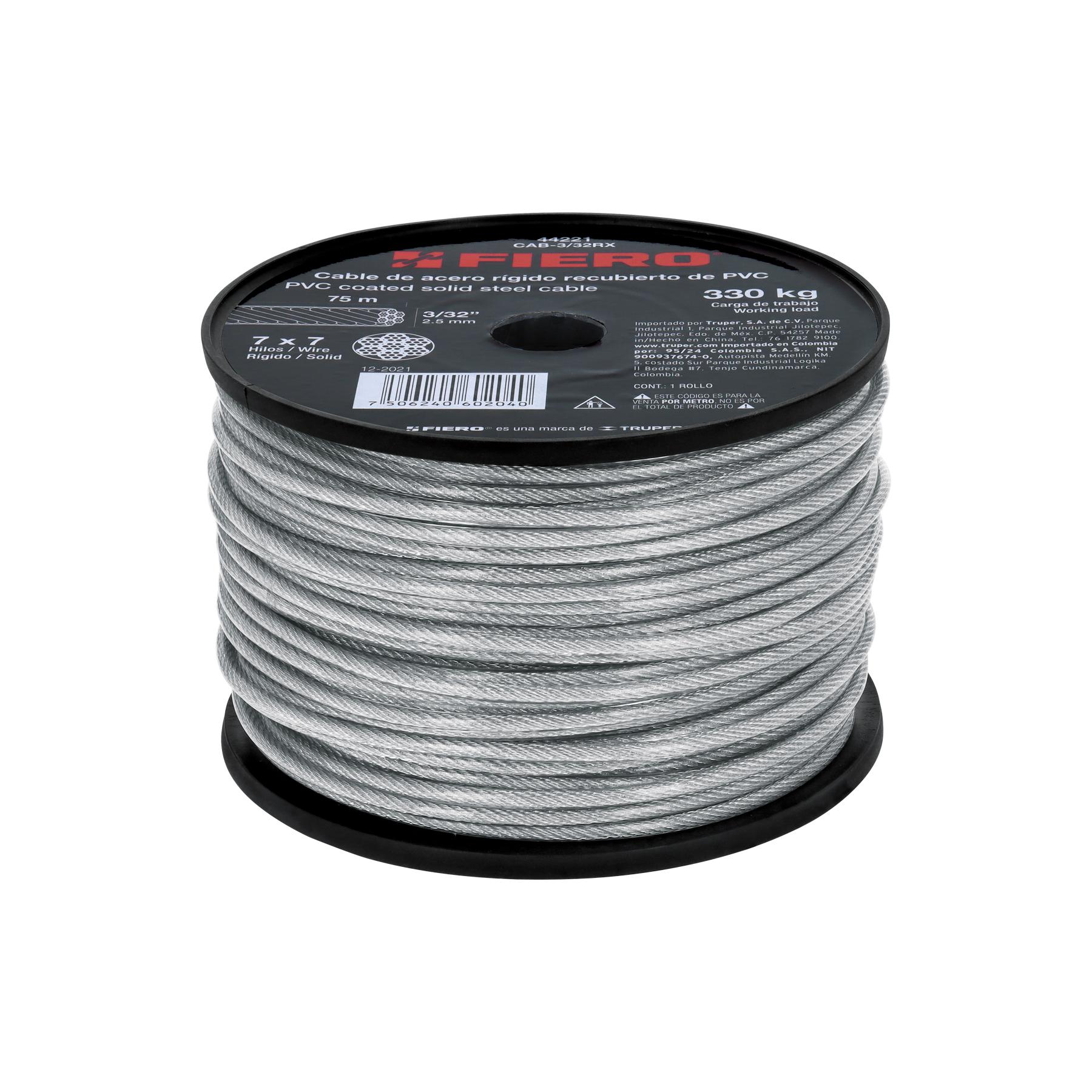 "METRO DE CABLE RÍGIDO 3/32"" ACERO 7X7 RECUBIERTO PVC, 75 M"