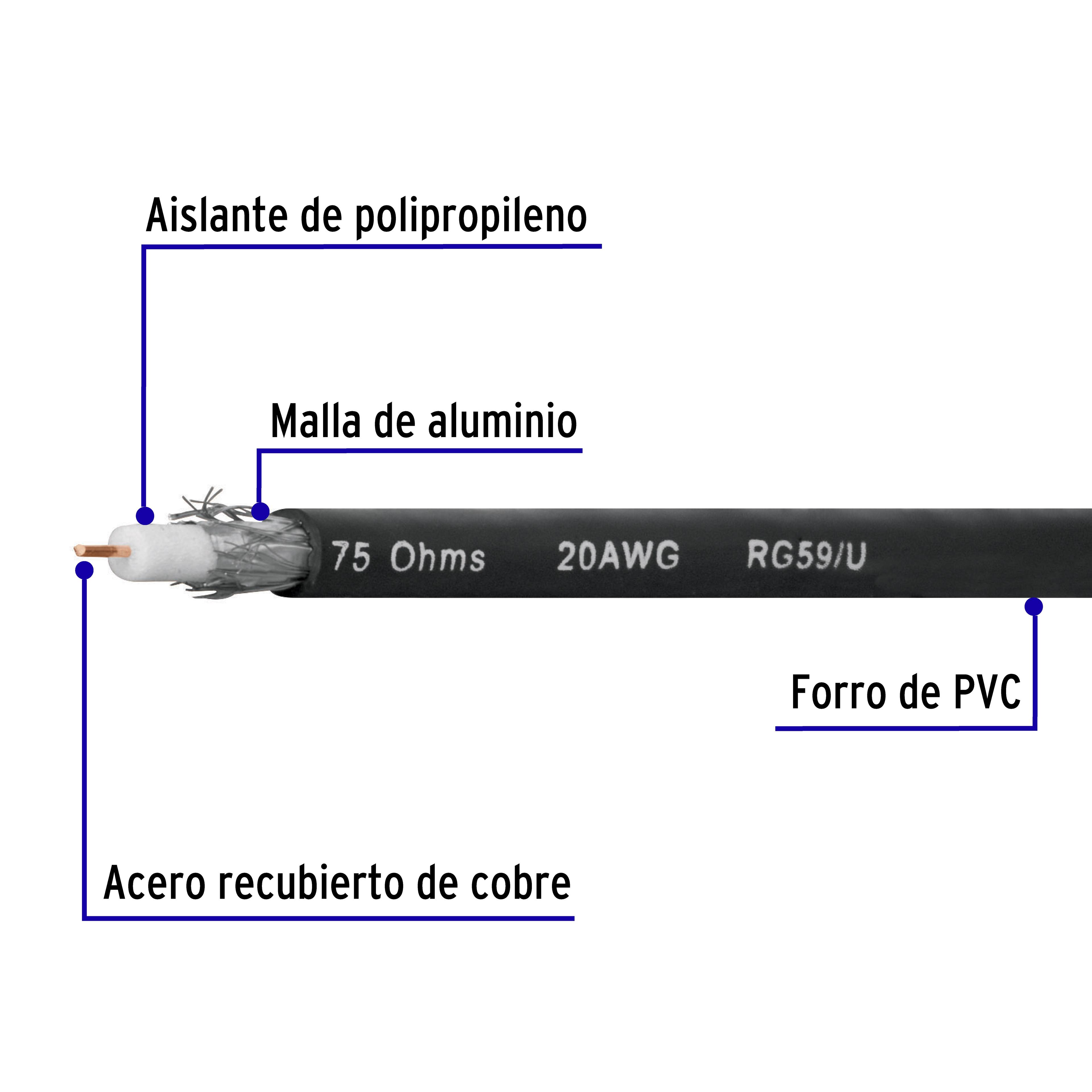METRO DE CABLE COAXIAL RG59 EN ROLLO DE 100 M, VOLTECK