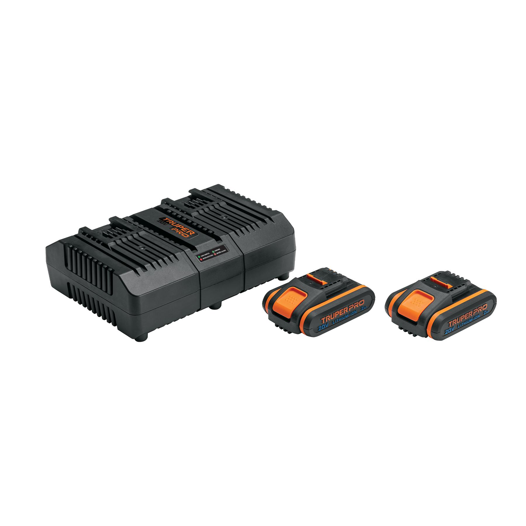 COMBO CARGADOR DUAL CON 2 BATERÍAS DE 2AH, 20V, TRUPER PRO