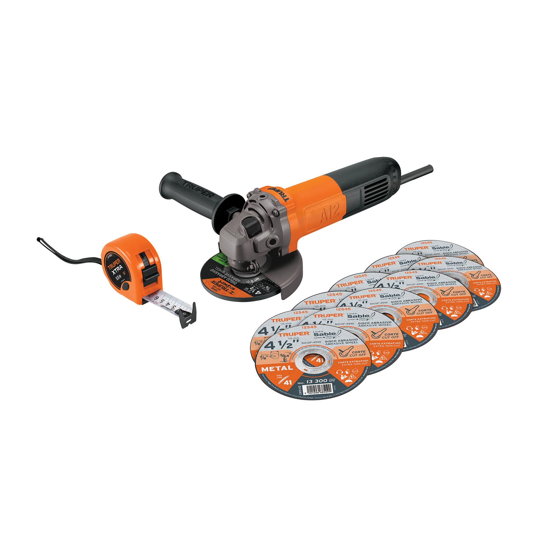 "COMBO ESMERILADORA 4-1/2"", 700W, DISCOS Y FLEXÓMETRO, PRO"