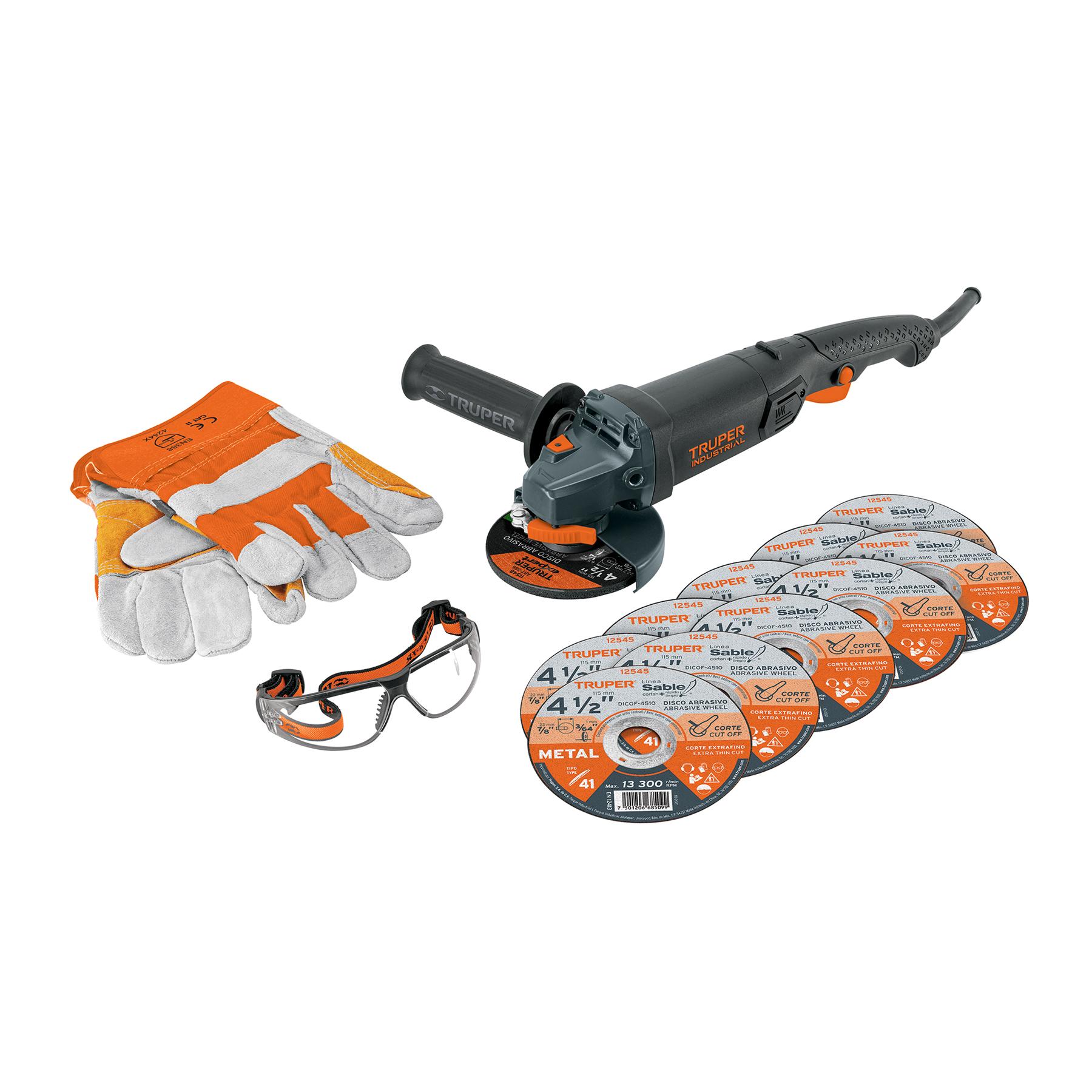"COMBO ESMERILADORA 4-1/2"",950W, DISCOS, LENTES Y GUANTES,IND"