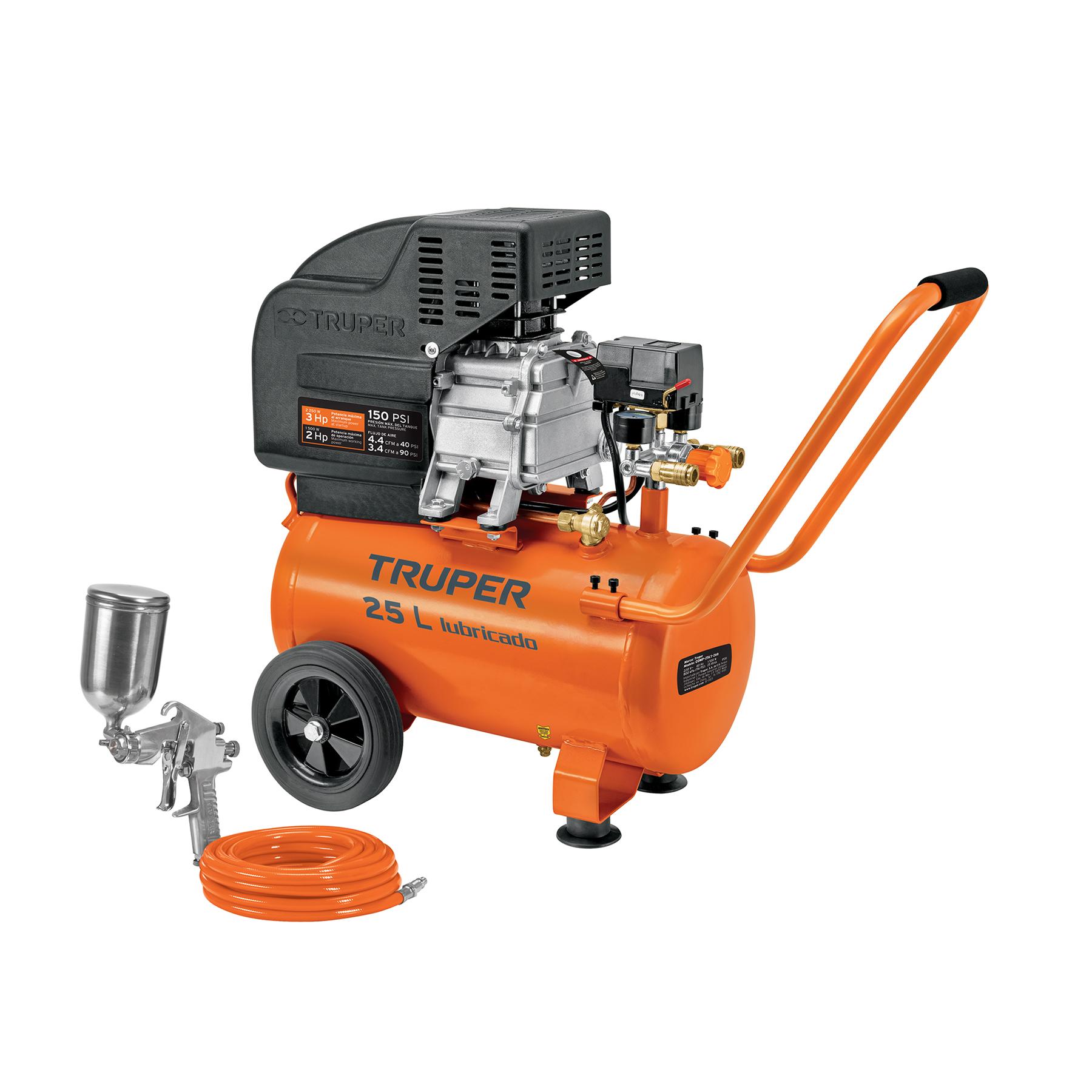KIT COMPRESOR LUB, 25L, MANGUERA Y PISTOLA GRAV,127V, TRUPER