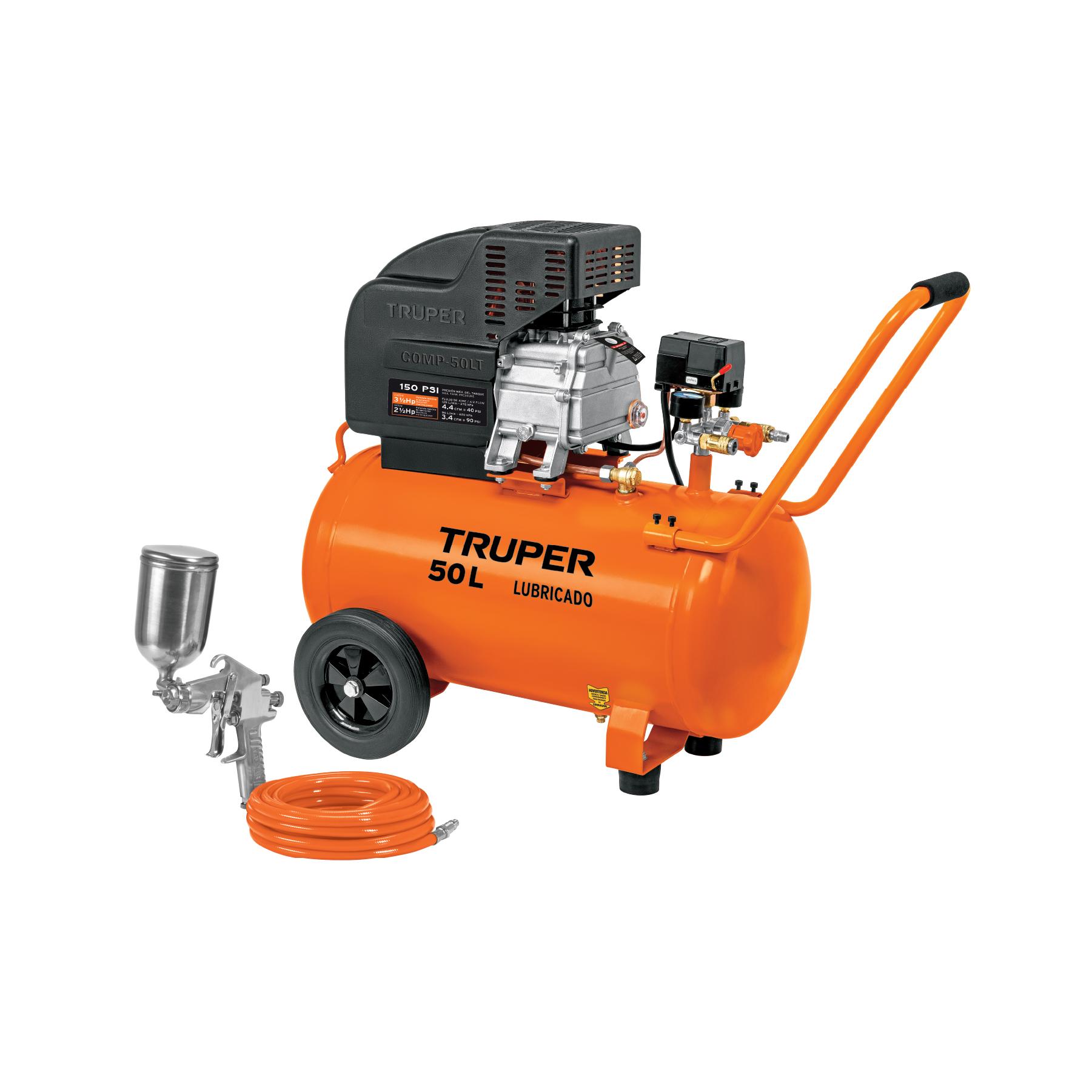 KIT COMPRESOR LUB, 50L, MANGUERA Y PISTOLA GRAV,127V, TRUPER