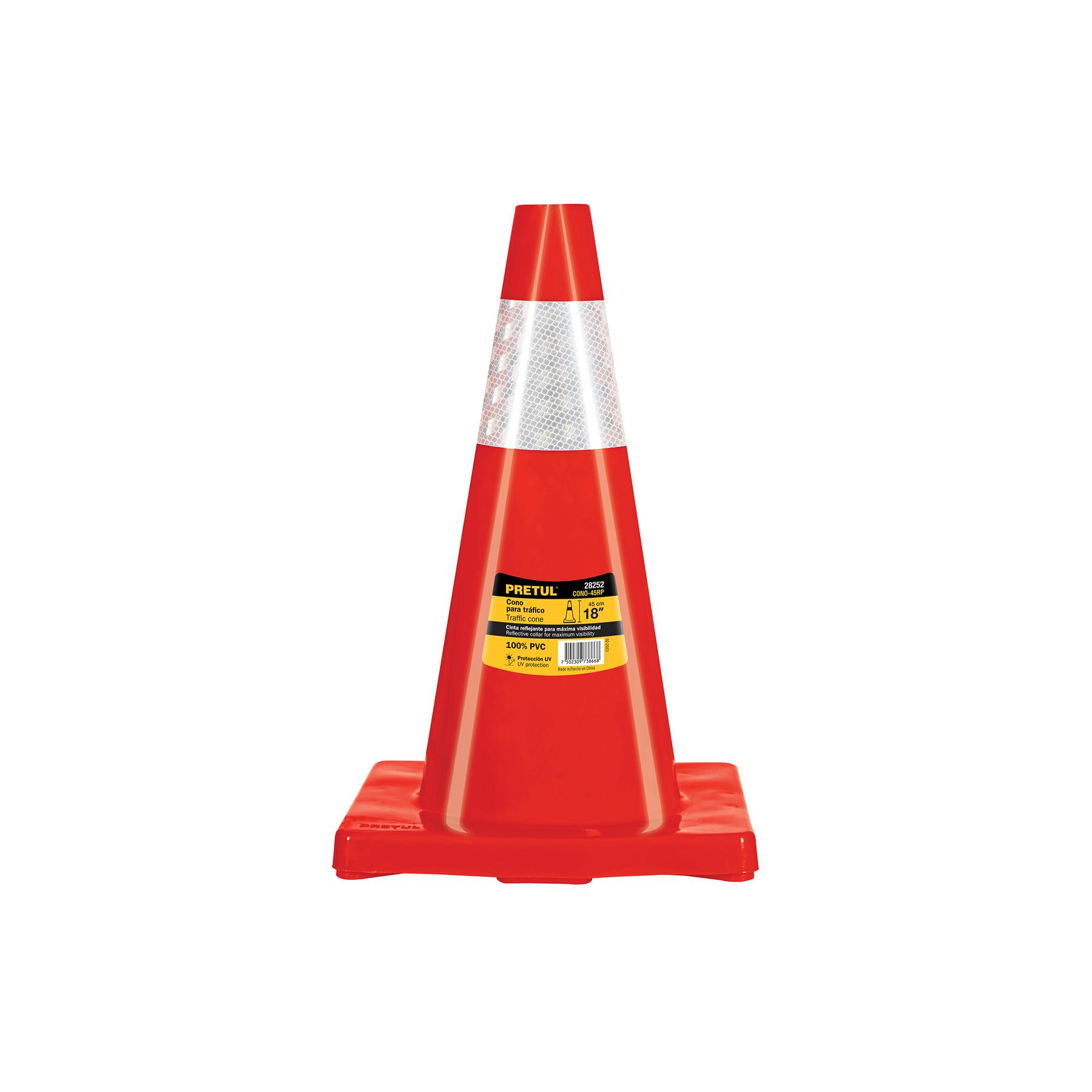 CONO DE PRECAUCIÓN DE 45 CM DE PVC CON REFLEJANTE, PRETUL