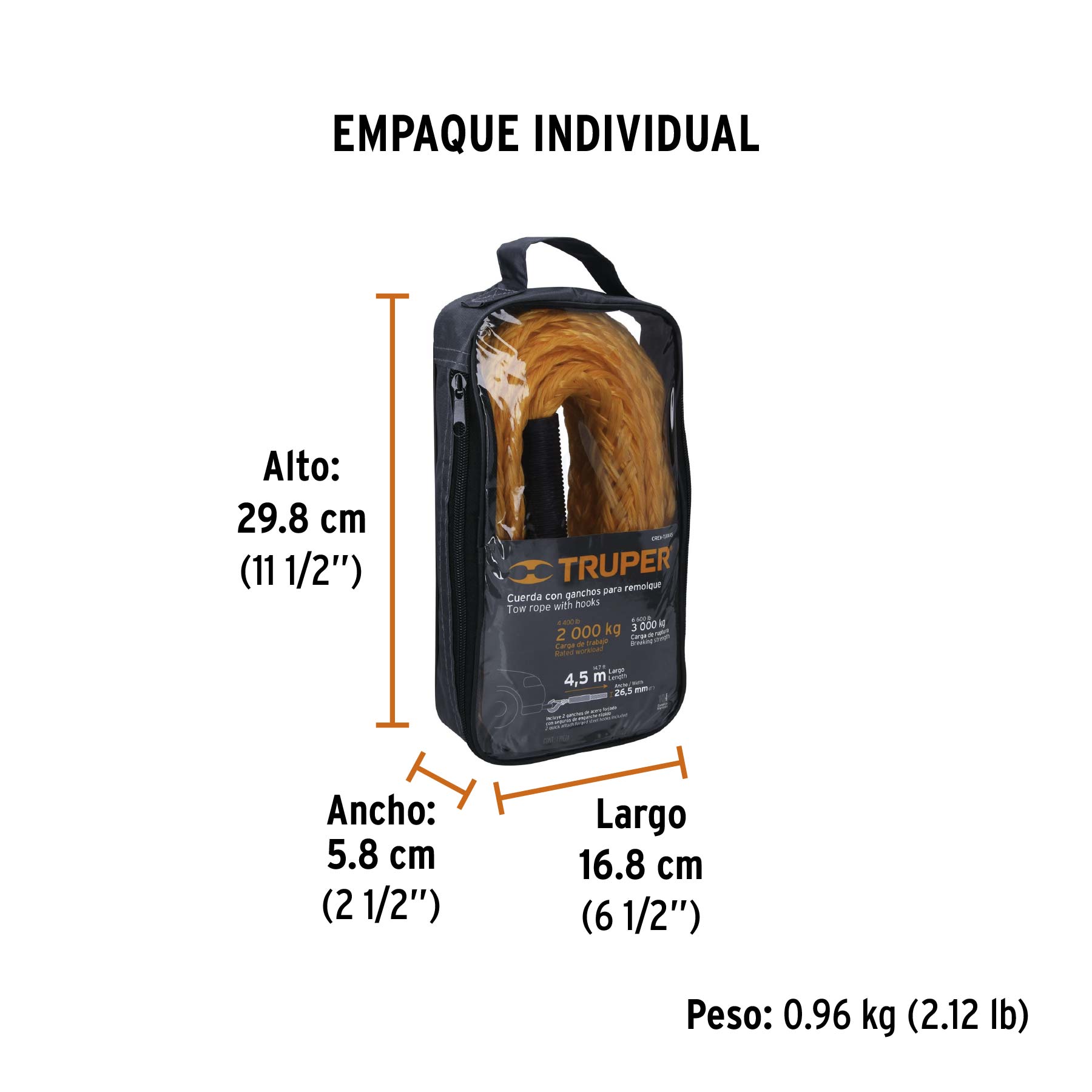 CUERDA PARA REMOLQUE CON GANCHOS 7/8' X 4.5 M, TRUPER