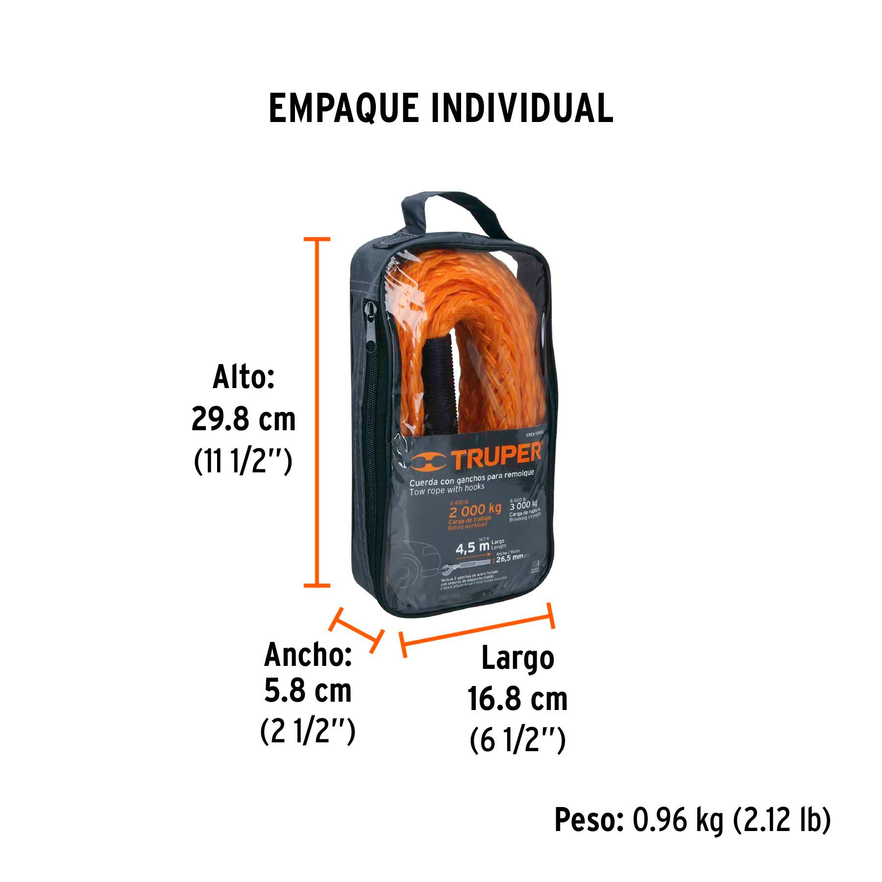 CUERDA CON GANCHOS PARA REMOLQUE, 27 MM X 4.5 M, TRUPER