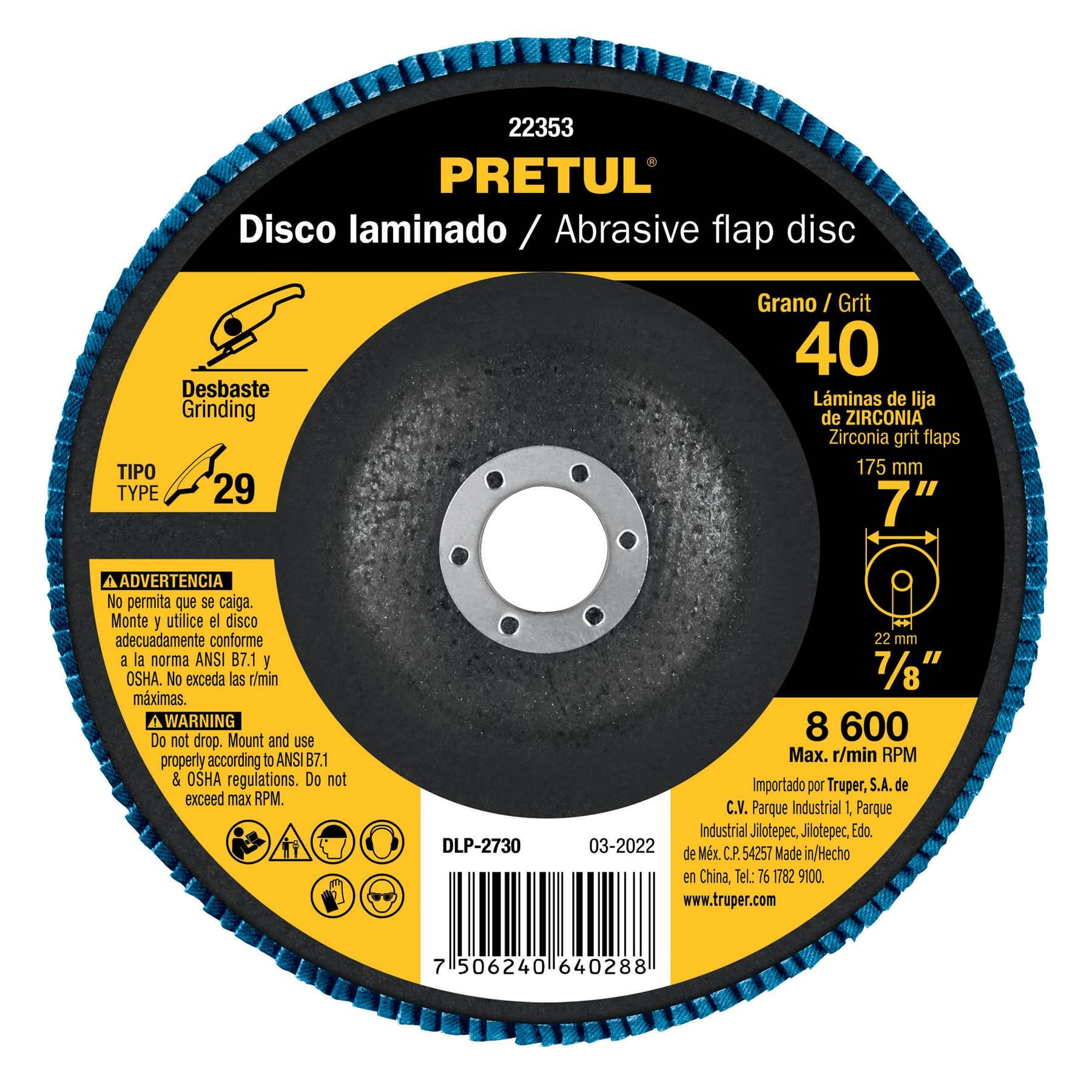 "DISCO LAMINADO 7"", GRANO 40 CENTRO 7/8"", FIBRA, PRETUL"