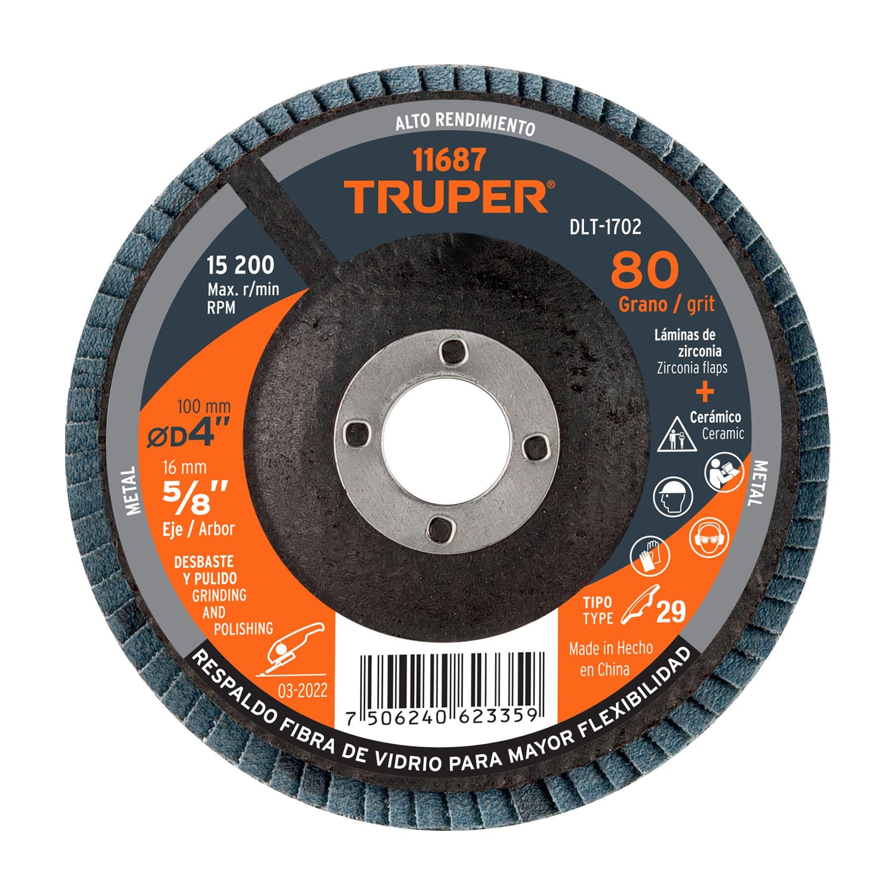 "DISCO LAMINADO 4"", GRANO 80 CENTRO 5/8"", FIBRA, TRUPER"