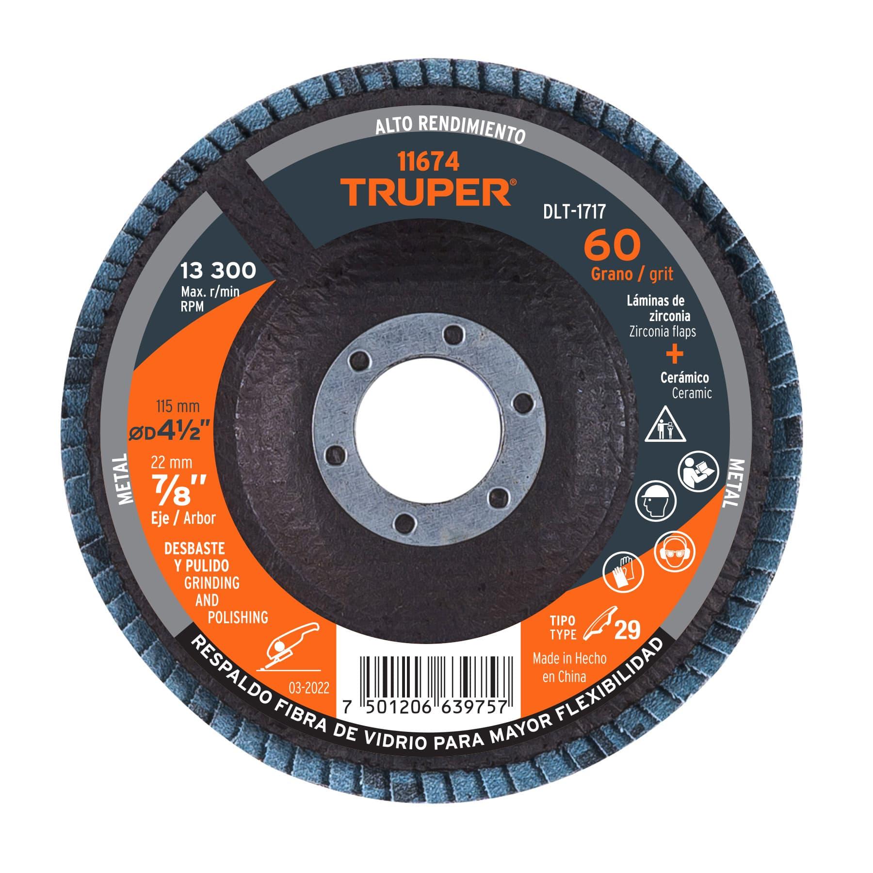 "DISCO LAMINADO 4-1/2"", GRANO 60 CENTRO 7/8"", FIBRA, TRUPER"