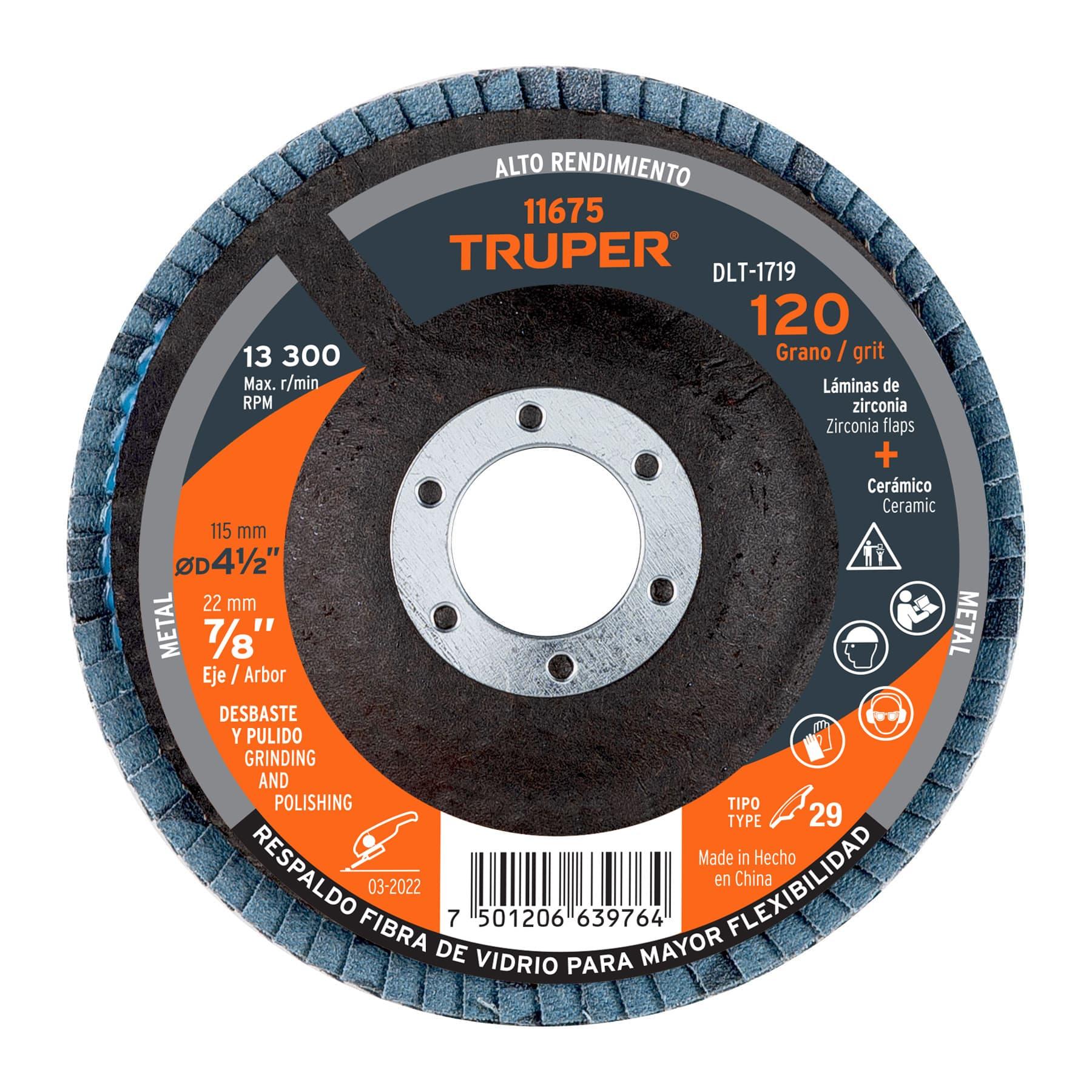 "DISCO LAMINADO 4-1/2"", GRANO 120 CENTRO 7/8"", FIBRA, TRUPER"
