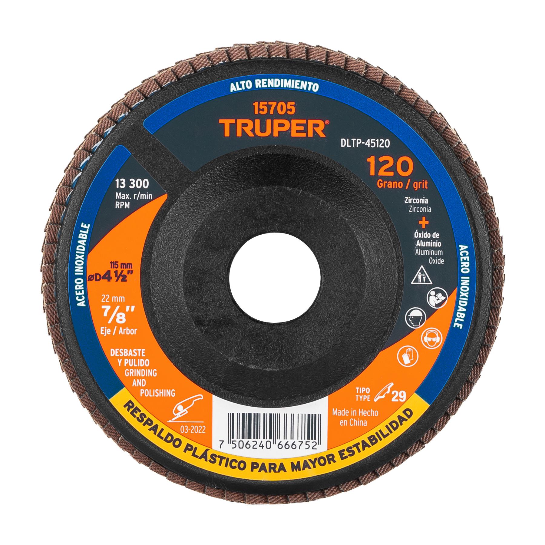 "DISCO LAMINADO 4-1/2"" GRANO 120 CENTRO 7/8"", PLÁSTICO,TRUPER"