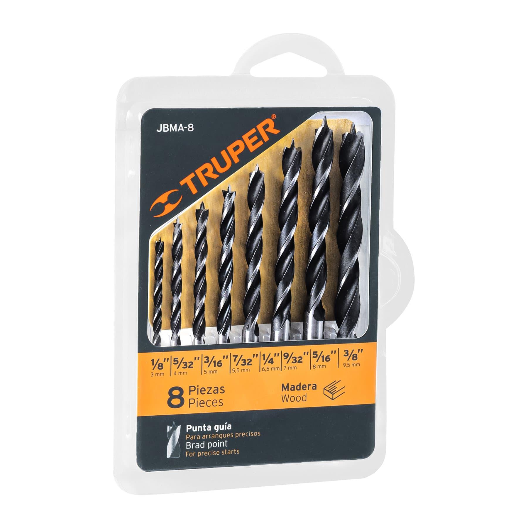 JUEGO DE 8 BROCAS CON PUNTA CENTRADORA PARA MADERA, TRUPER