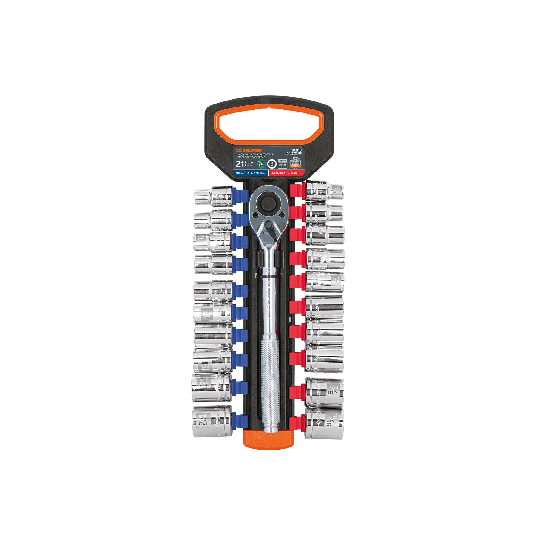 "JUEGO DE DADOS MM Y STD CON MATRACA, CUADRO 1/2"", TRUPER"