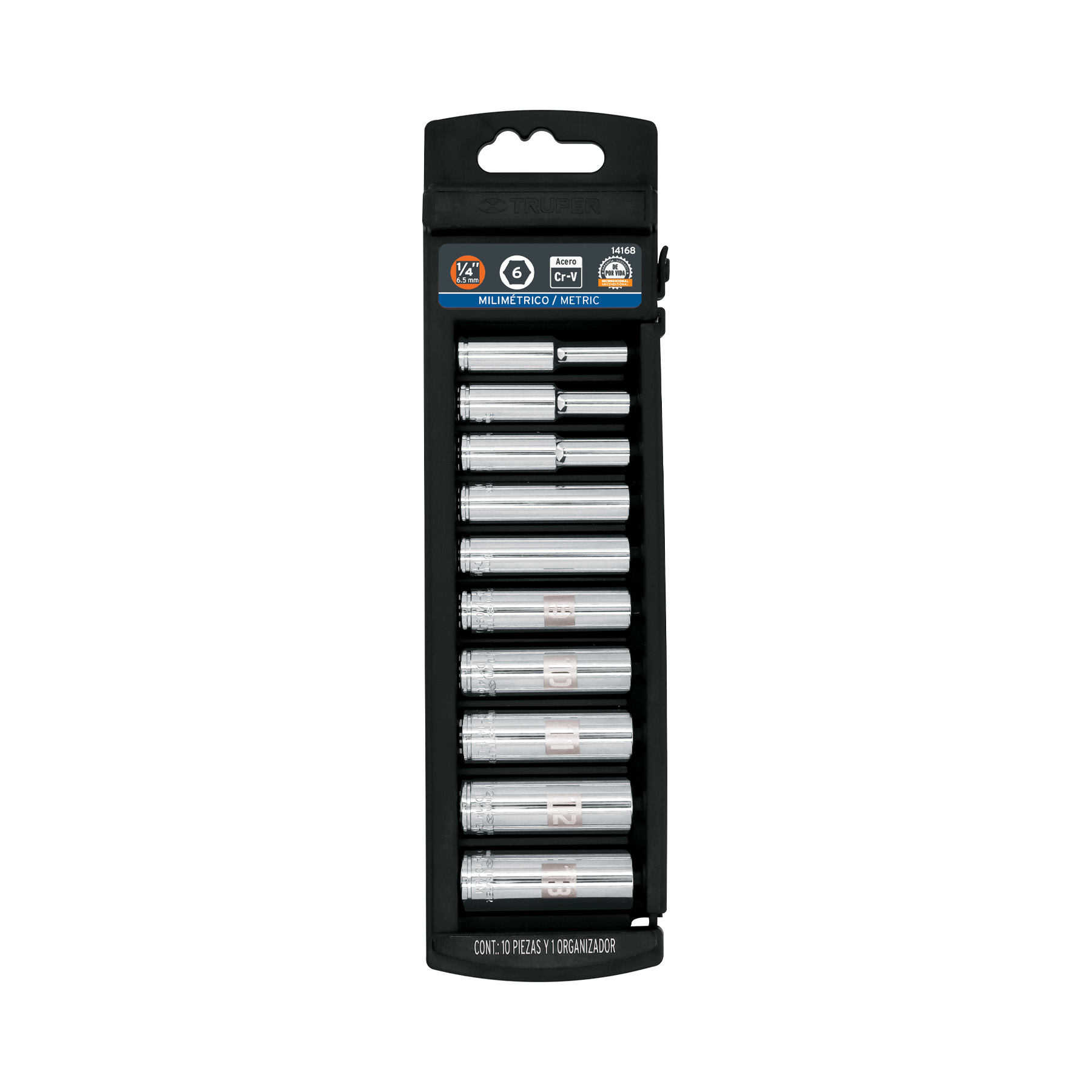 JUEGO DE 10 DADOS LARGOS CUADRO 1/4' MM, TRUPER