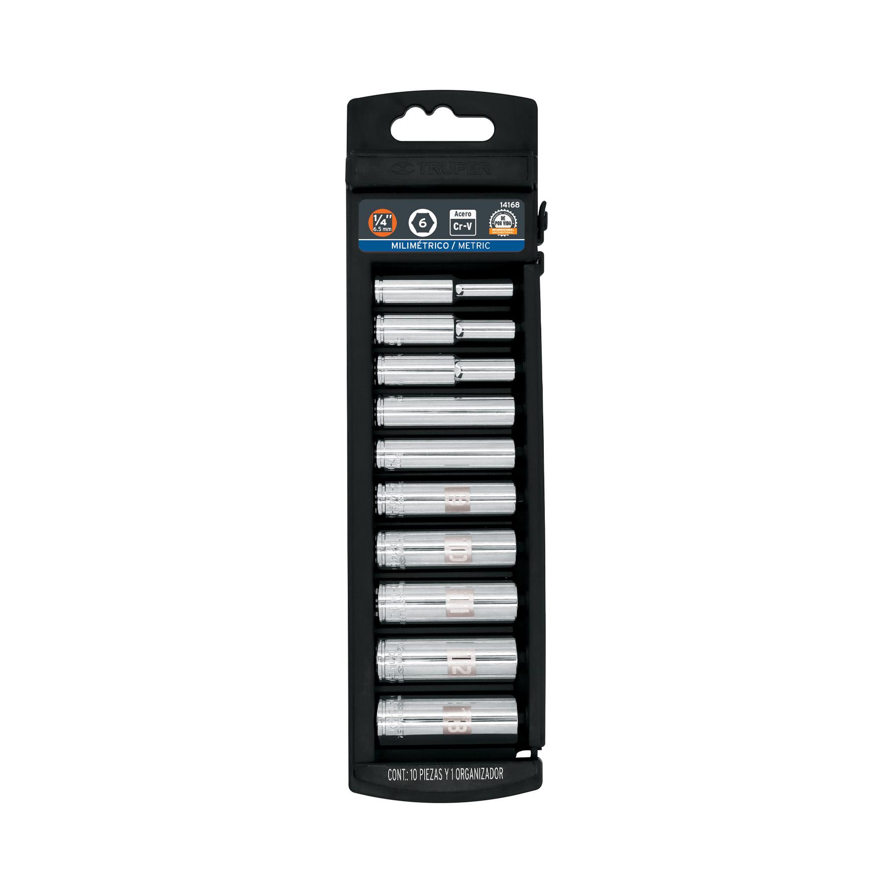 "JUEGO DE 10 DADOS LARGOS CUADRO 1/4"" MM, TRUPER"