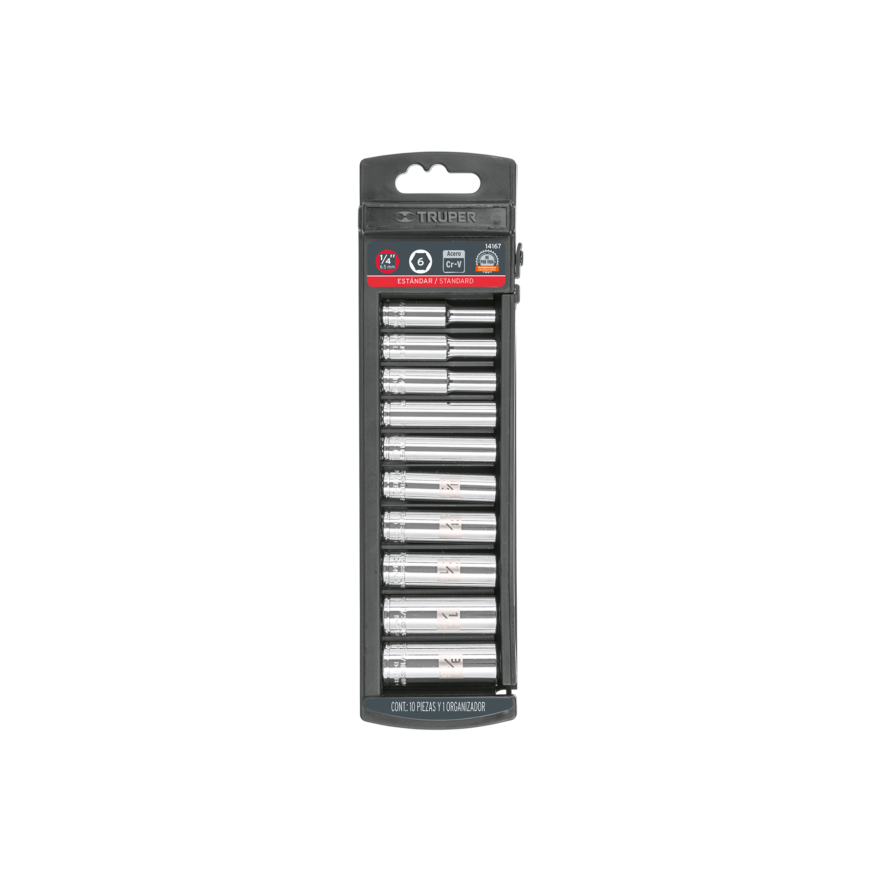 JUEGO DE 10 DADOS LARGOS CUADRO 1/4' STD, TRUPER
