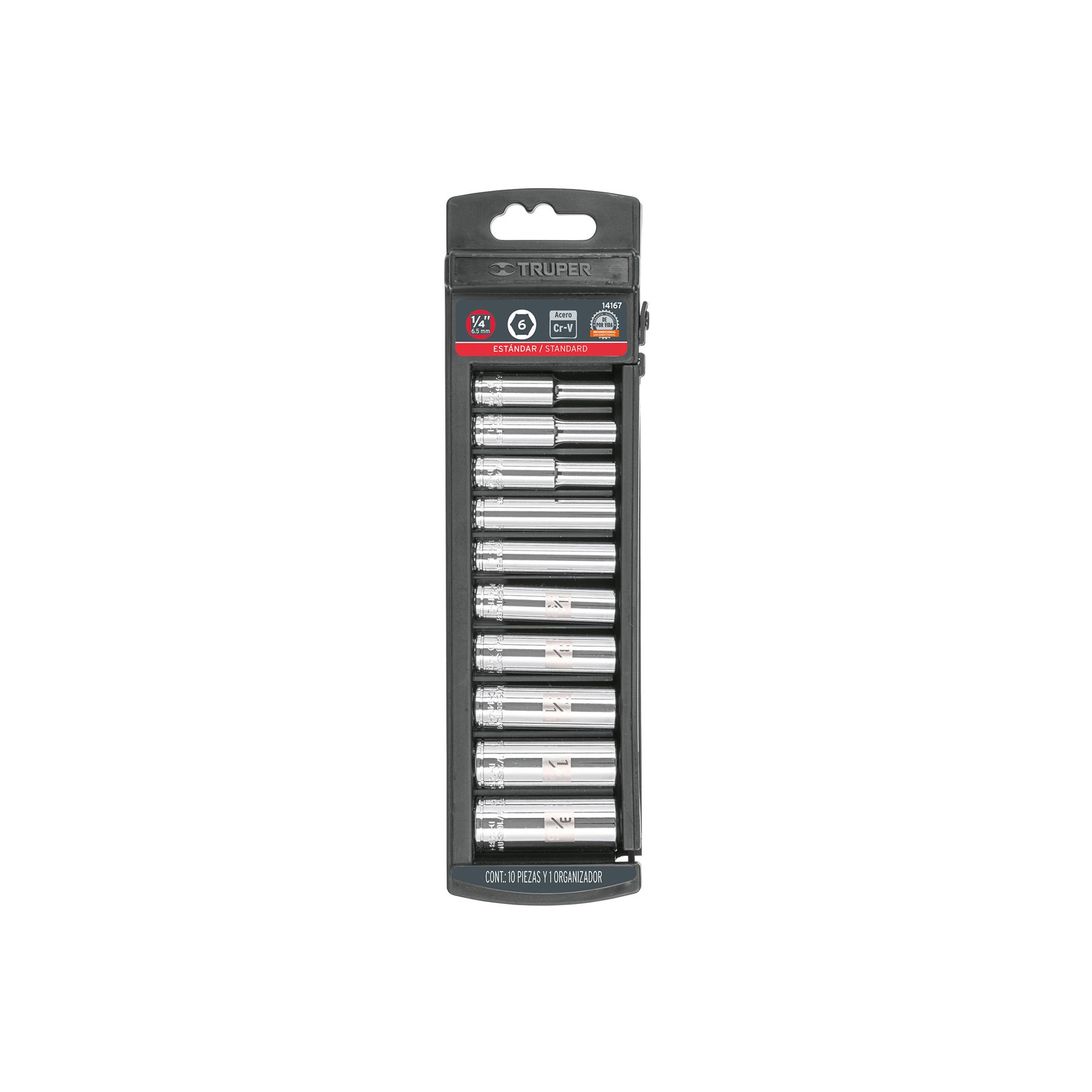 "JUEGO DE 10 DADOS LARGOS CUADRO 1/4"" STD, TRUPER"