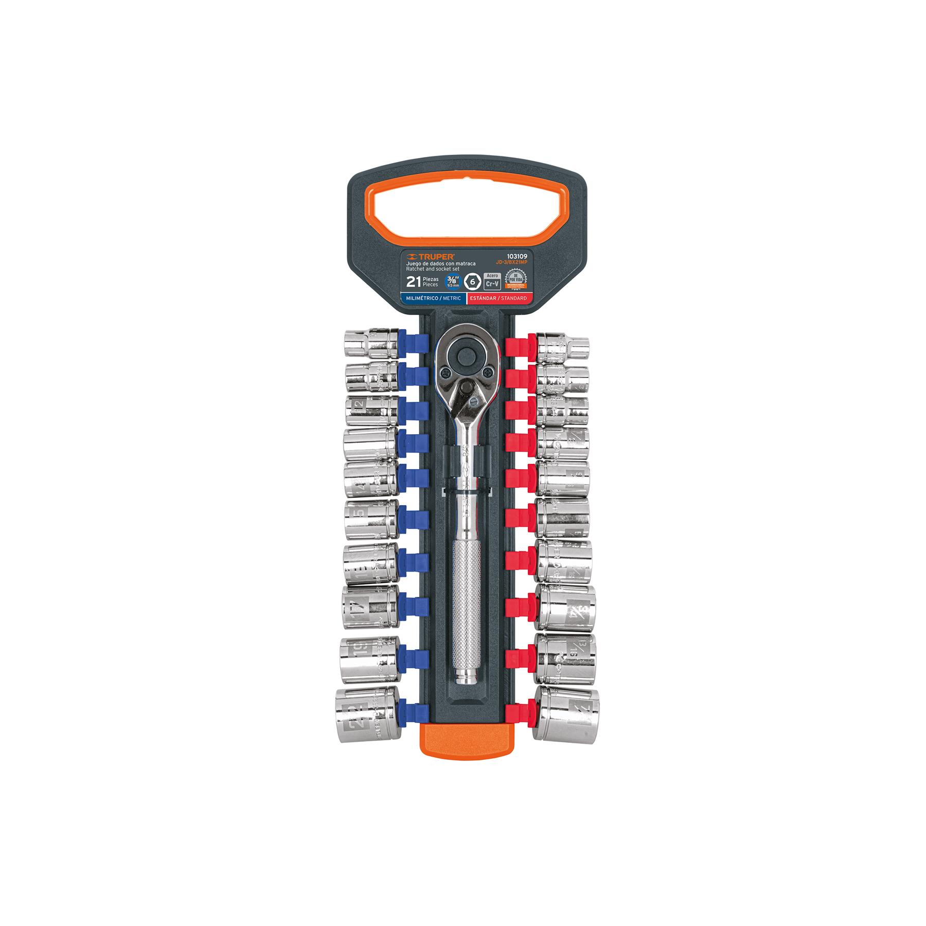 "JUEGO DE DADOS MM Y STD CON MATRACA, CUADRO 3/8"", TRUPER"