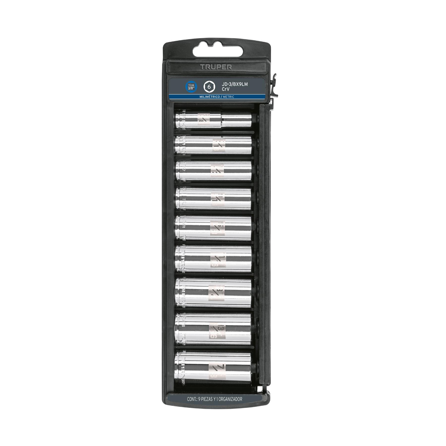 "JUEGO DE 9 DADOS LARGOS CUADRO 3/8"" MM, TRUPER"