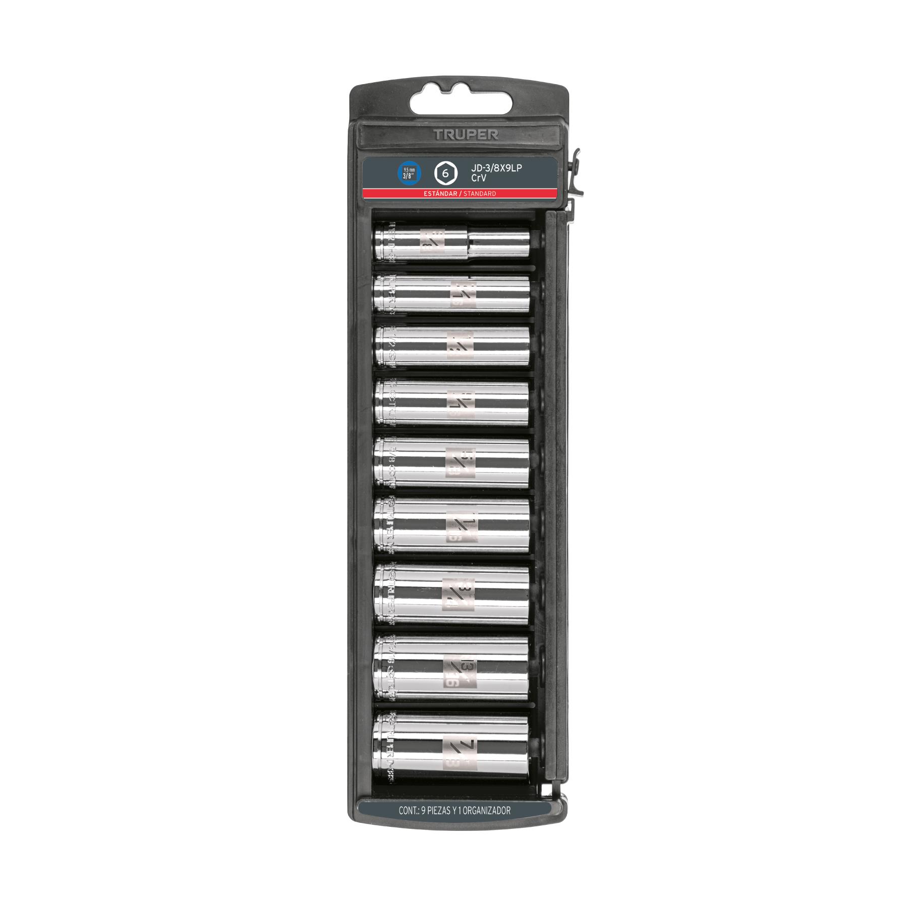 "JUEGO DE 9 DADOS LARGOS CUADRO 3/8"" STD, TRUPER"
