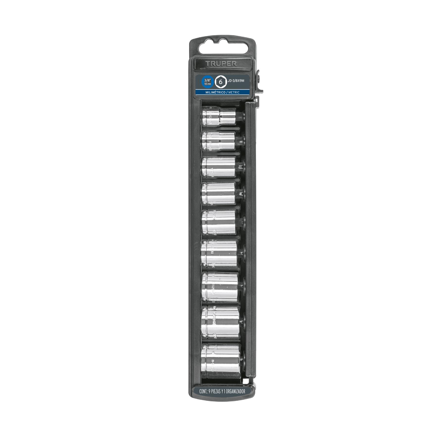 "JUEGO DE 9 DADOS CUADRO 3/8"" MM, TRUPER"