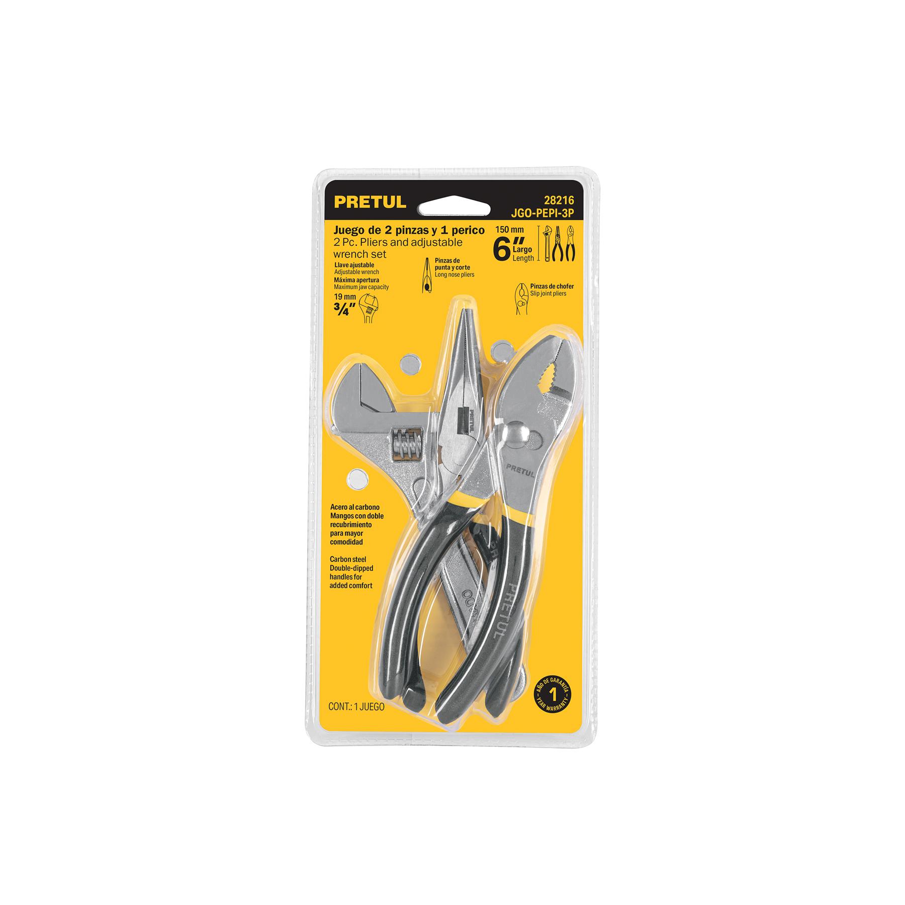 JUEGO DE 2 PINZAS Y 1 LLAVE AJUSTABLE, MANGOS DE PVC, PRETUL